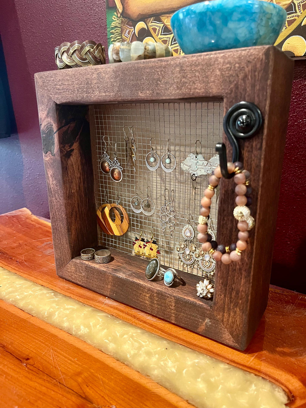 Wall Hanging Alder Wood Jewelry Display with Mesh Backing, Necklace Hook, Shelf | Locally Grown Wood
