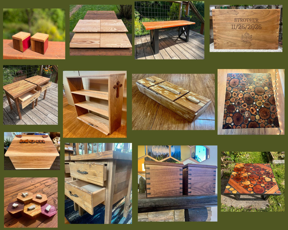 Custom orders - locally grown woods - tables, boxes, urns, shelves, serving trays - locally grown gifts - Eugene, Oregon