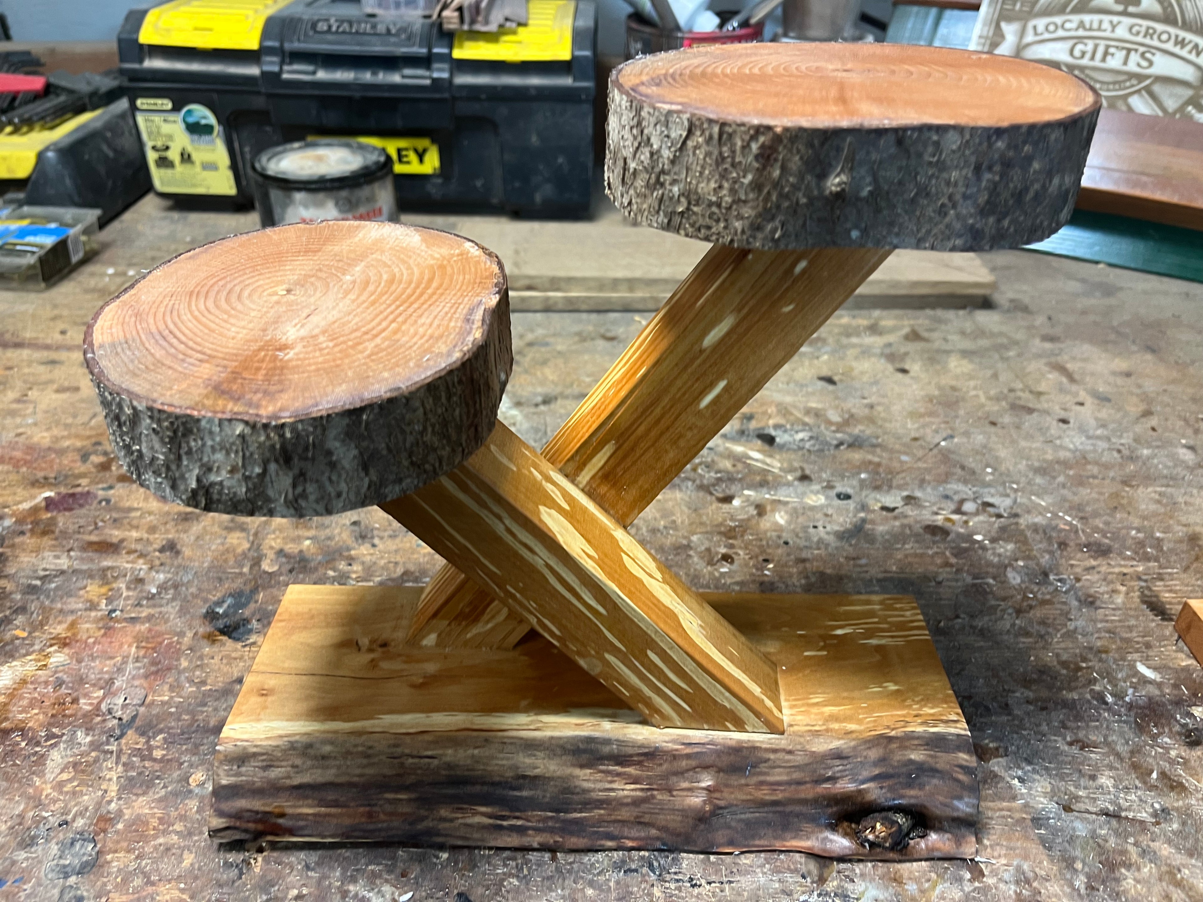 100% Heirloom Apple Wood Plant Stand  on a Live-Edge Base, Handcrafted, Tung Oil Finish