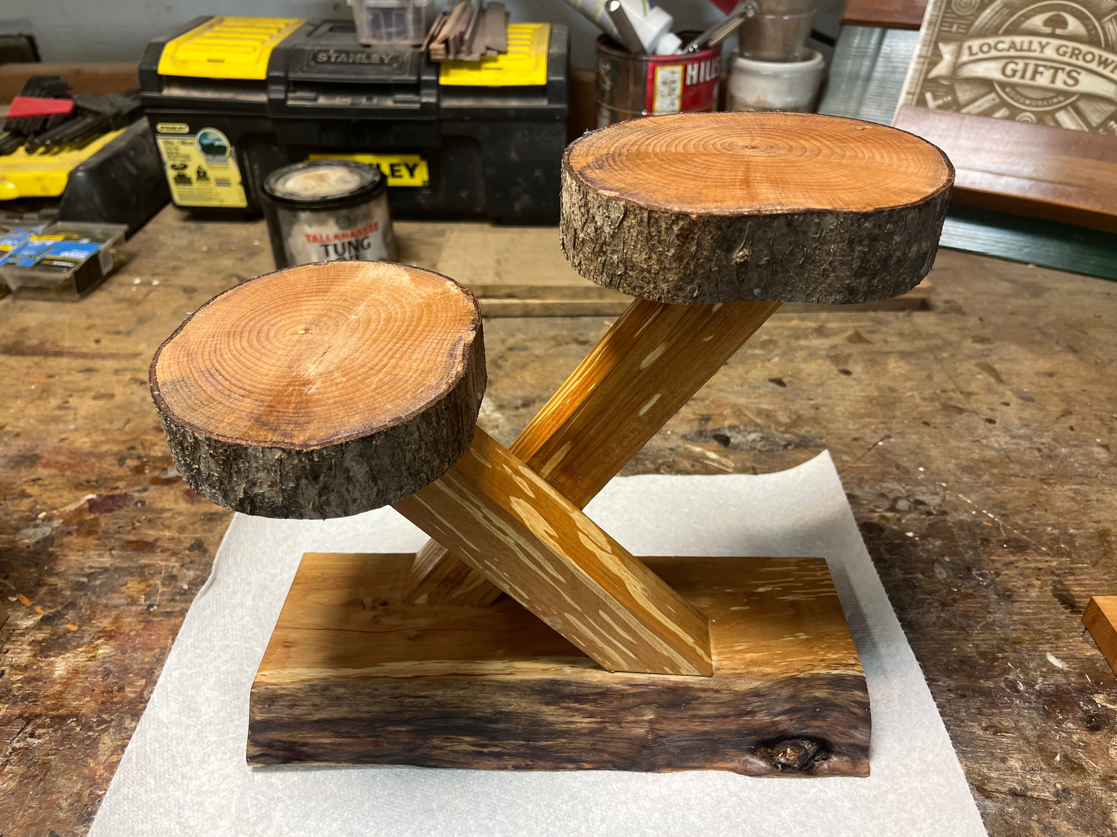 100% Heirloom Apple Wood Plant Stand  on a Live-Edge Base, Handcrafted, Tung Oil Finish