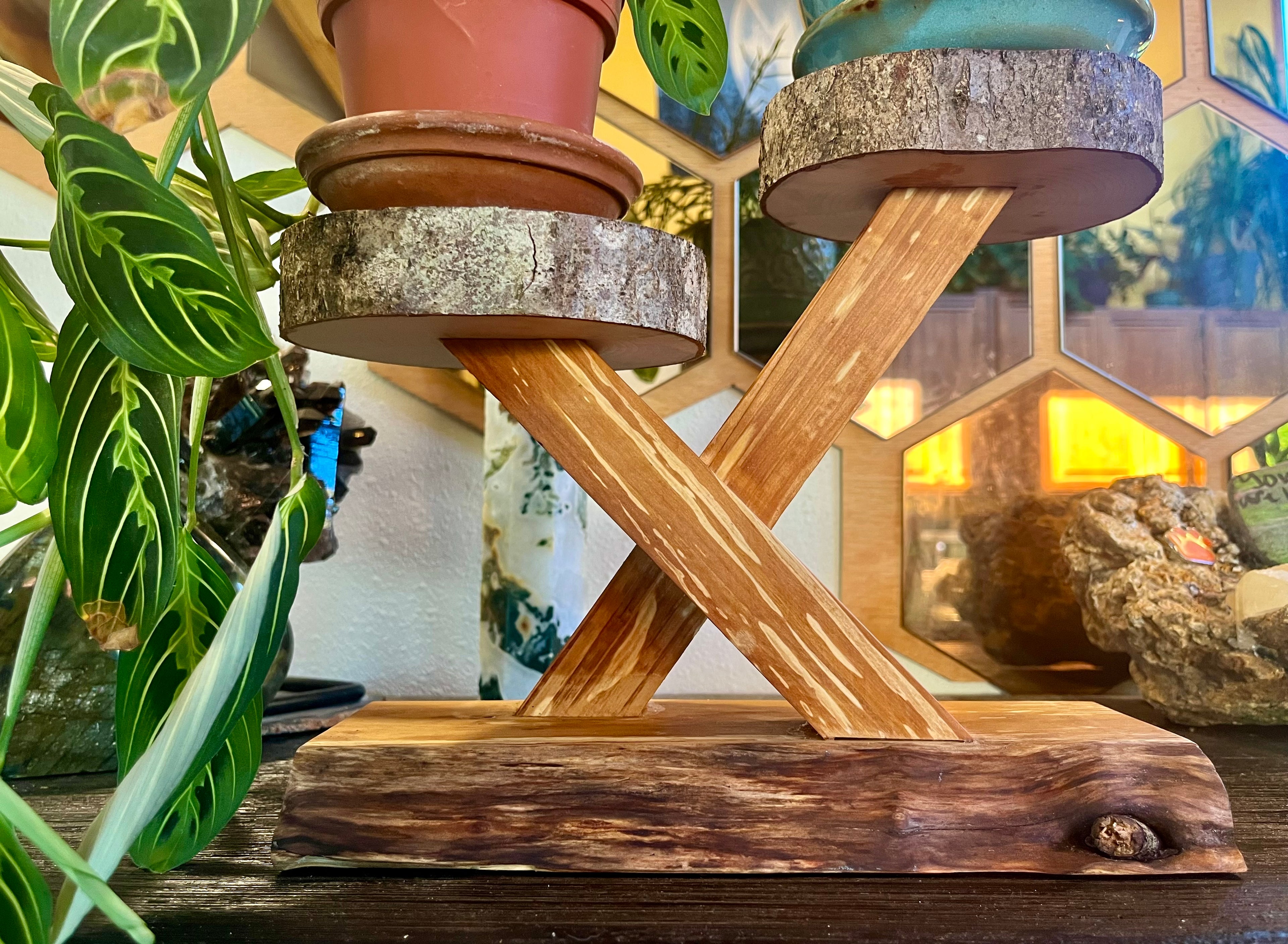 100% Heirloom Apple Wood Plant Stand  on a Live-Edge Base, Handcrafted, Tung Oil Finish