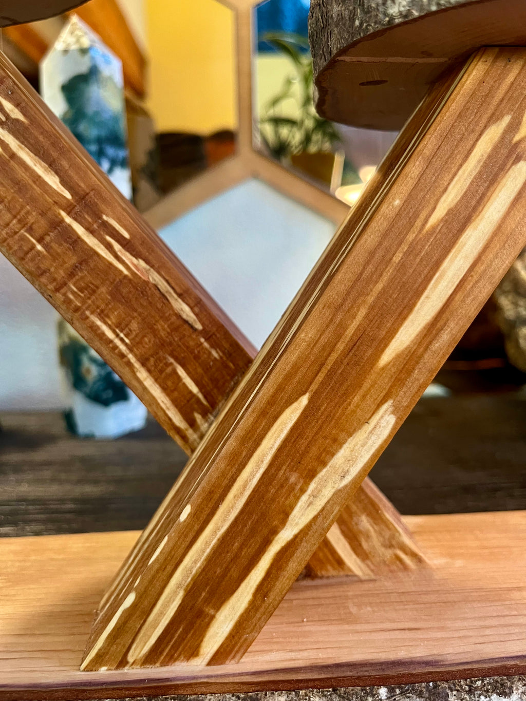 Heirloom Apple Wood Plant Stand with Live-Edge Plum Wood Base, Tung Oil Finish