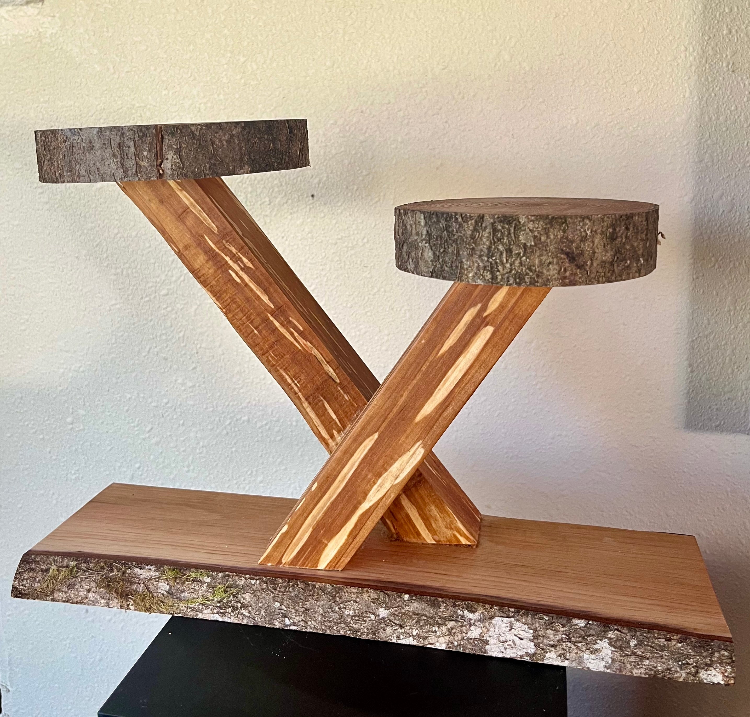 Heirloom Apple Wood Plant Stand with Live-Edge Plum Wood Base, Tung Oil Finish