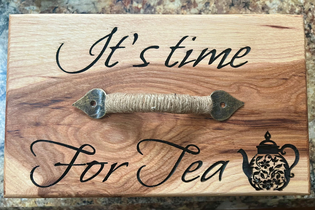 Handmade Oak & Pecan Tea Box with Engraved Lid and Brass Hemp Handle
