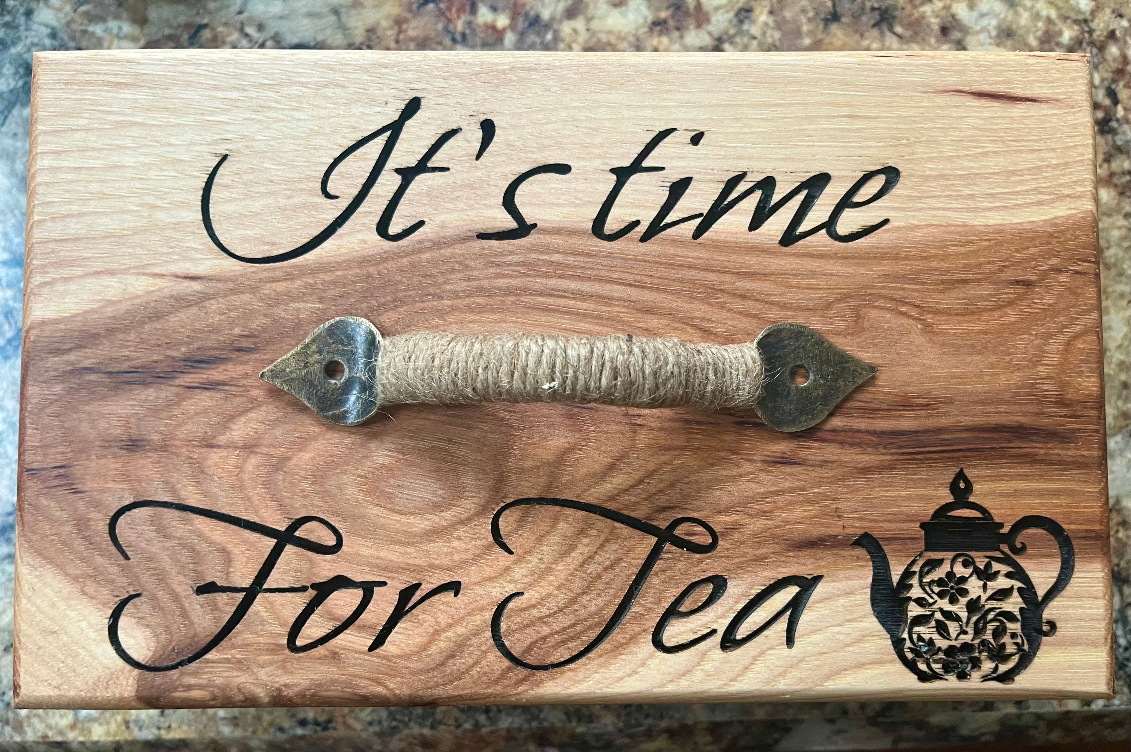 Handmade Oak & Pecan Tea Box with Engraved Lid and Brass Hemp Handle