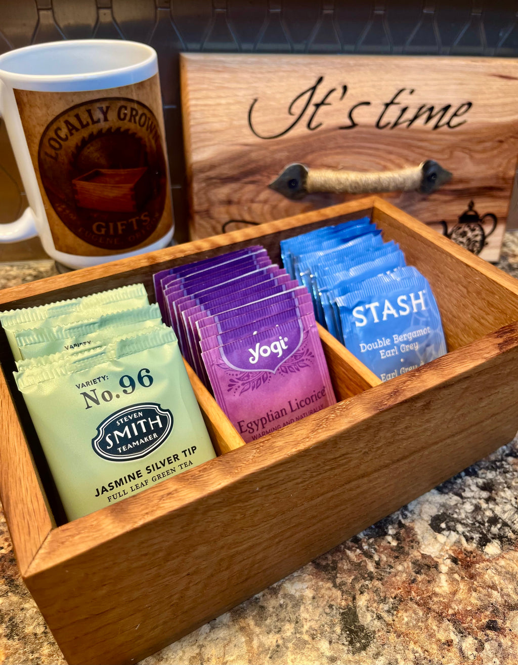 Handmade Oak & Pecan Tea Box with Engraved Lid and Brass Hemp Handle