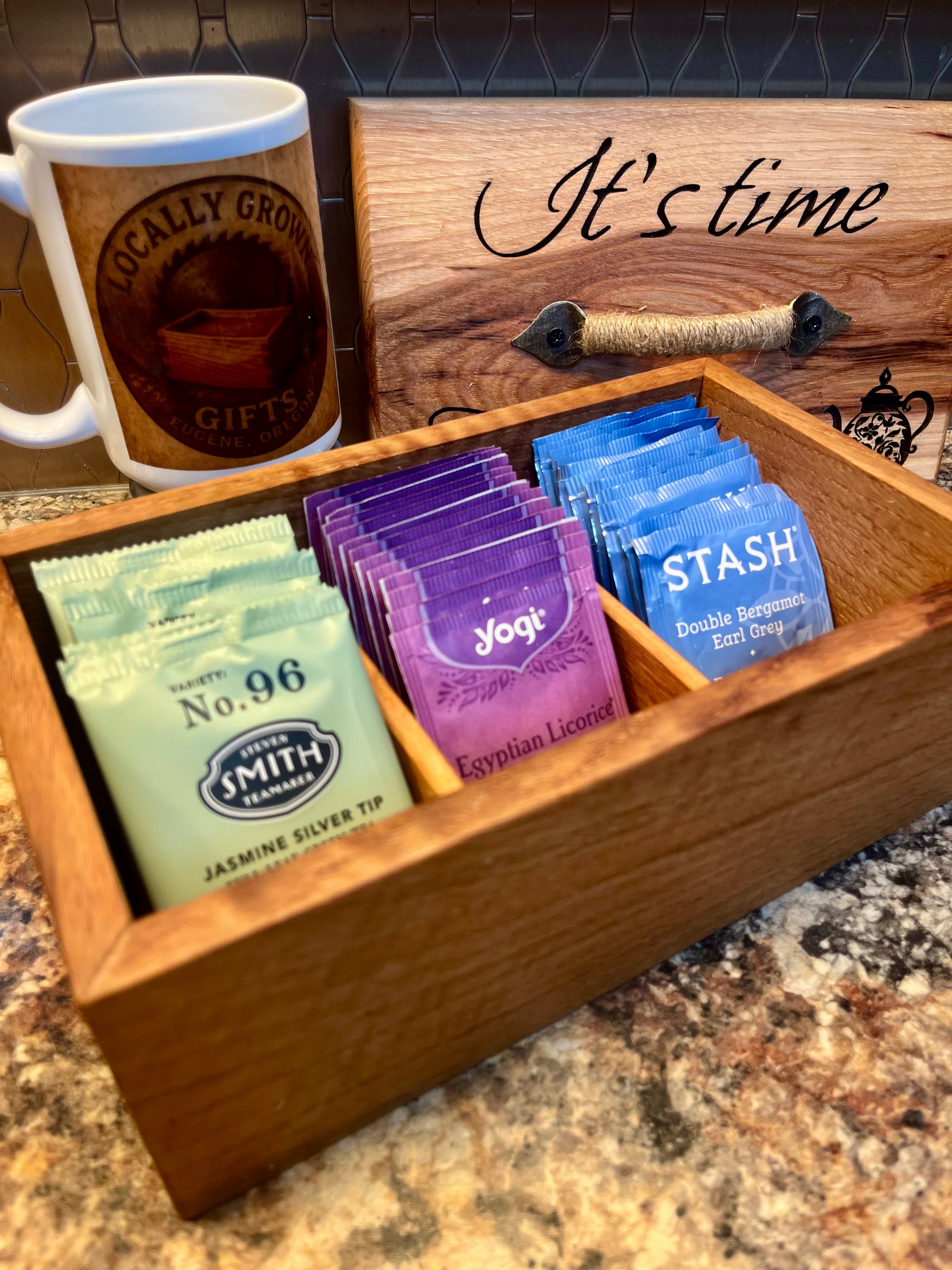 Handmade Oak & Pecan Tea Box with Engraved Lid and Brass Hemp Handle
