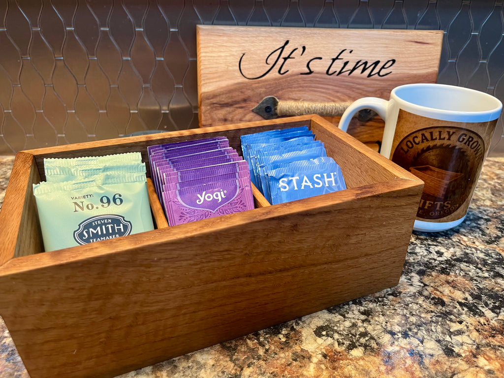 Handmade Oak & Pecan Tea Box with Engraved Lid and Brass Hemp Handle
