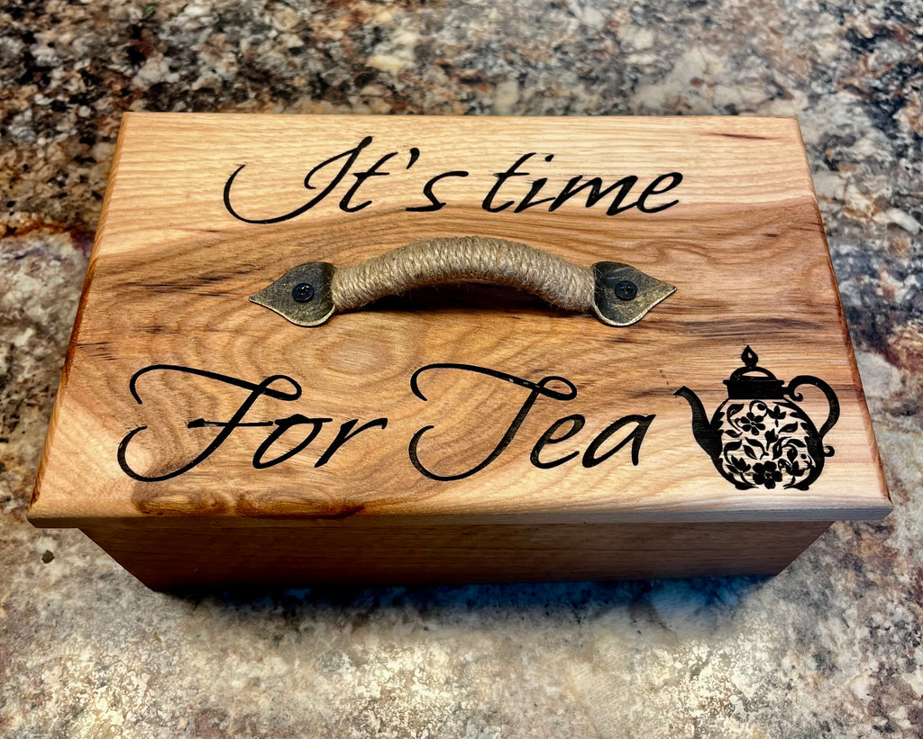 Handmade Oak & Pecan Tea Box with Engraved Lid and Brass Hemp Handle