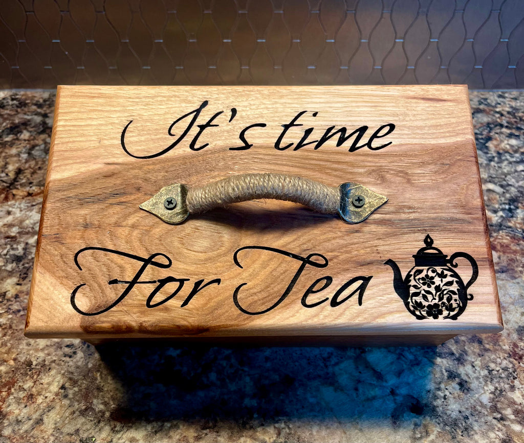 Handmade Oak & Pecan Tea Box with Engraved Lid and Brass Hemp Handle