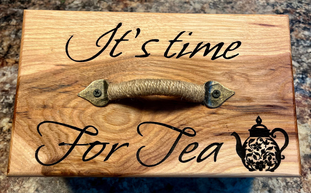 Handmade Oak & Pecan Tea Box with Engraved Lid and Brass Hemp Handle