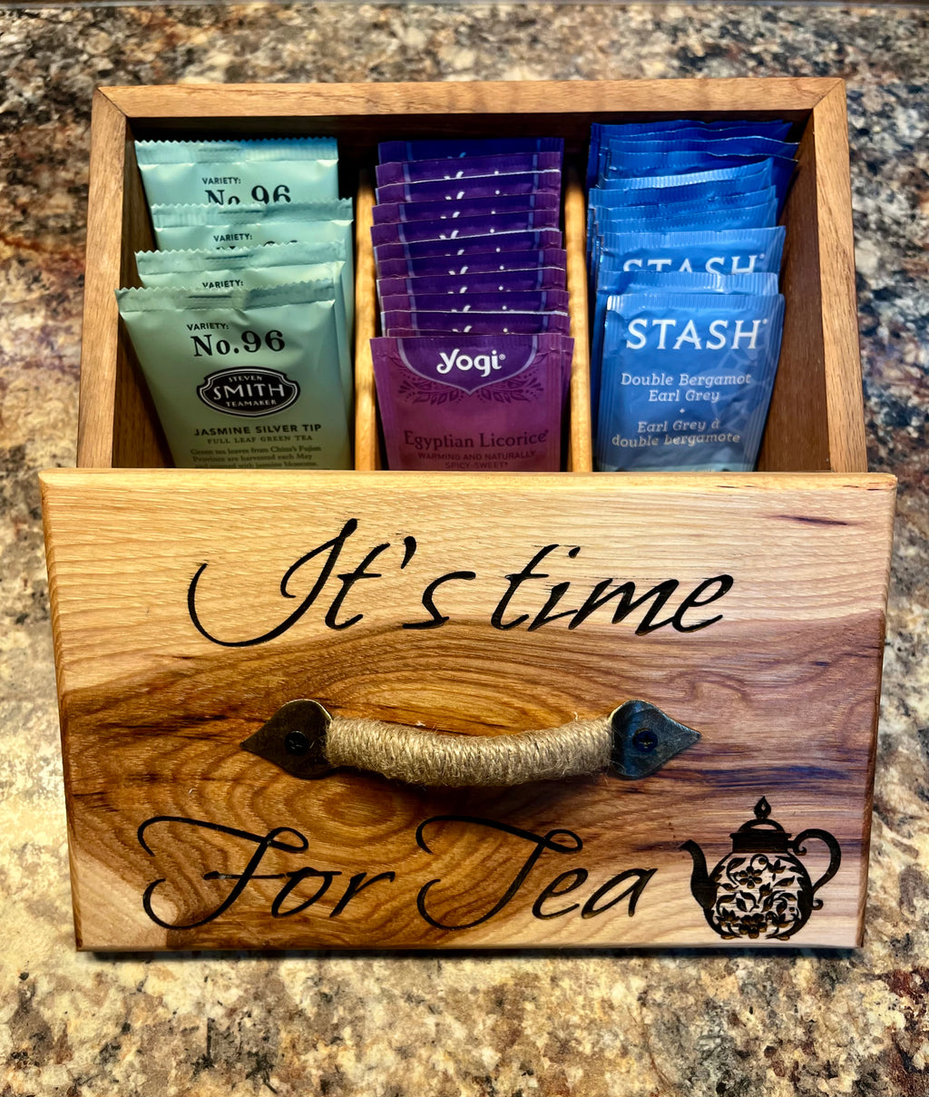 Handmade Oak & Pecan Tea Box with Engraved Lid and Brass Hemp Handle