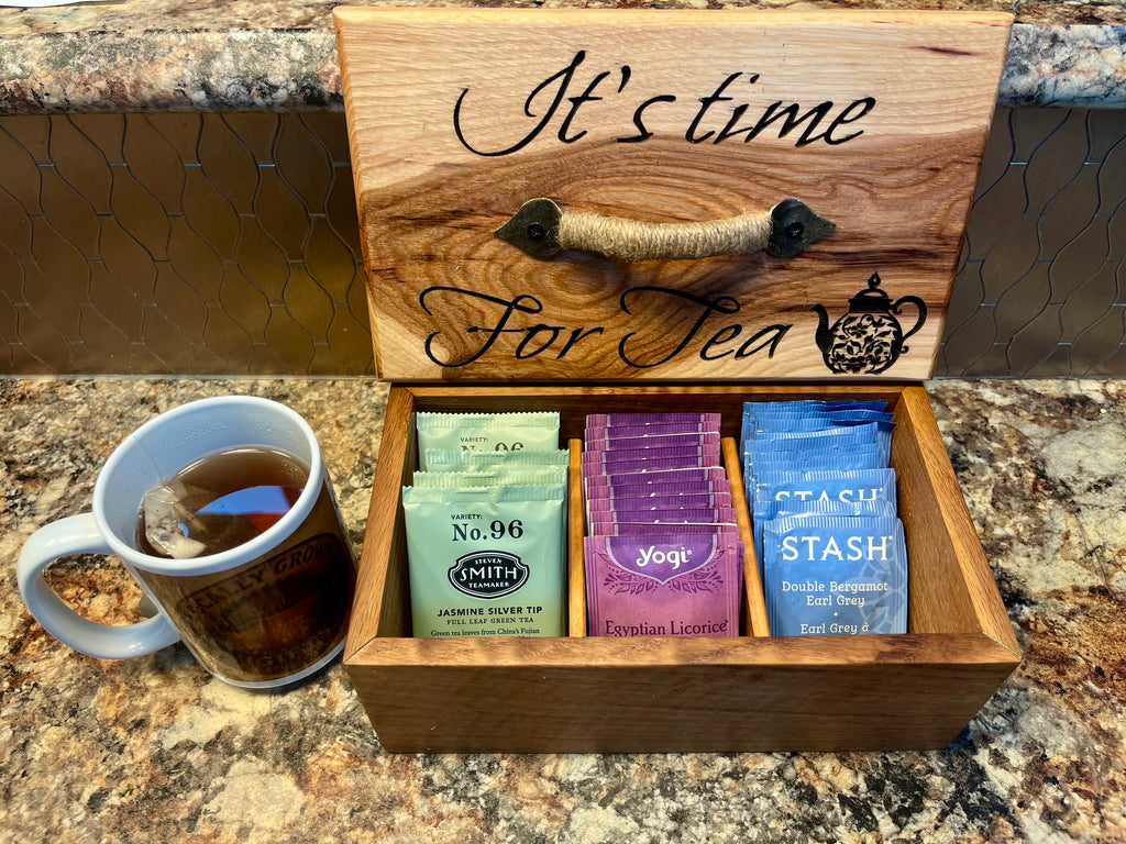 Handmade Oak & Pecan Tea Box with Engraved Lid and Brass Hemp Handle