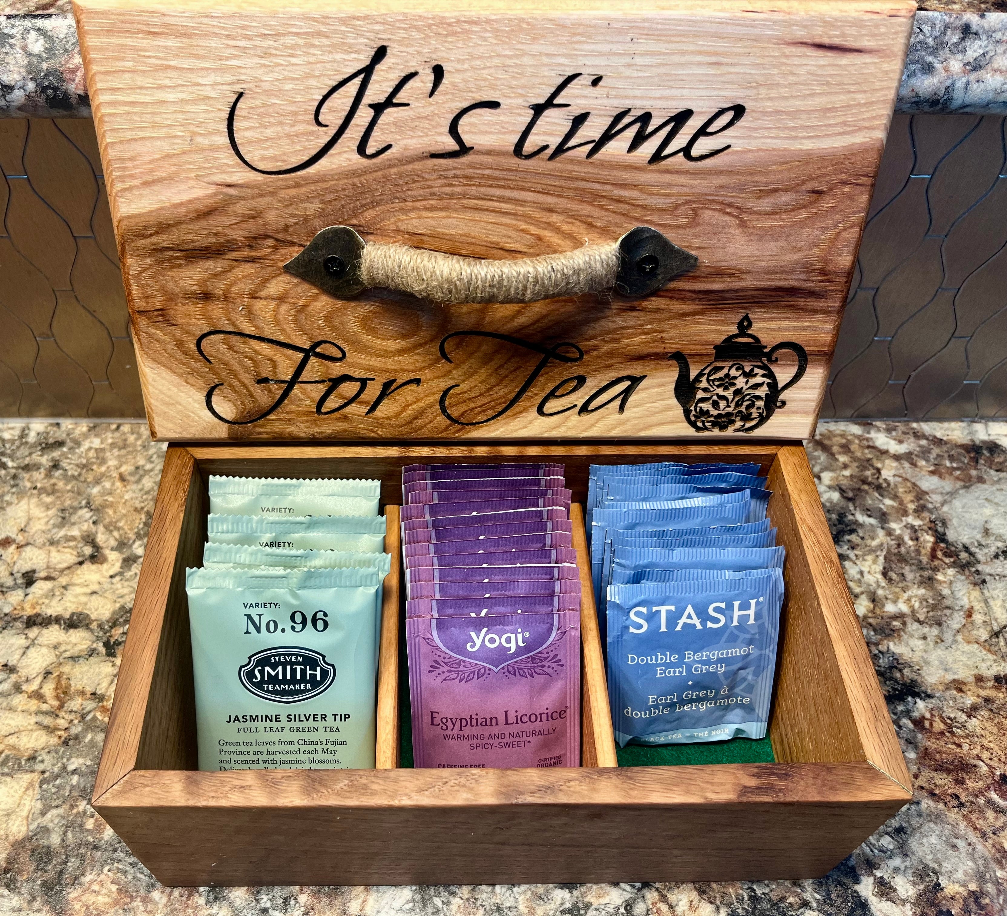 Handmade Oak & Pecan Tea Box with Engraved Lid and Brass Hemp Handle