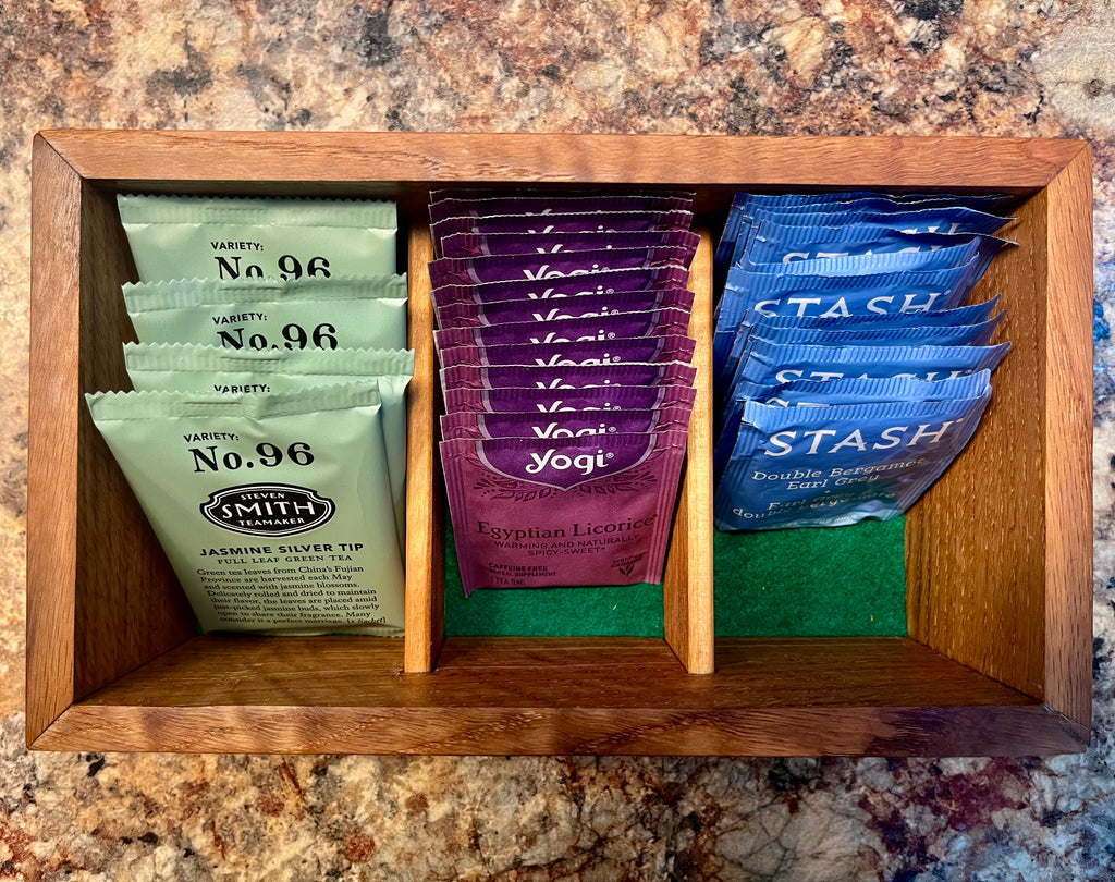 Handmade Oak & Pecan Tea Box with Engraved Lid and Brass Hemp Handle