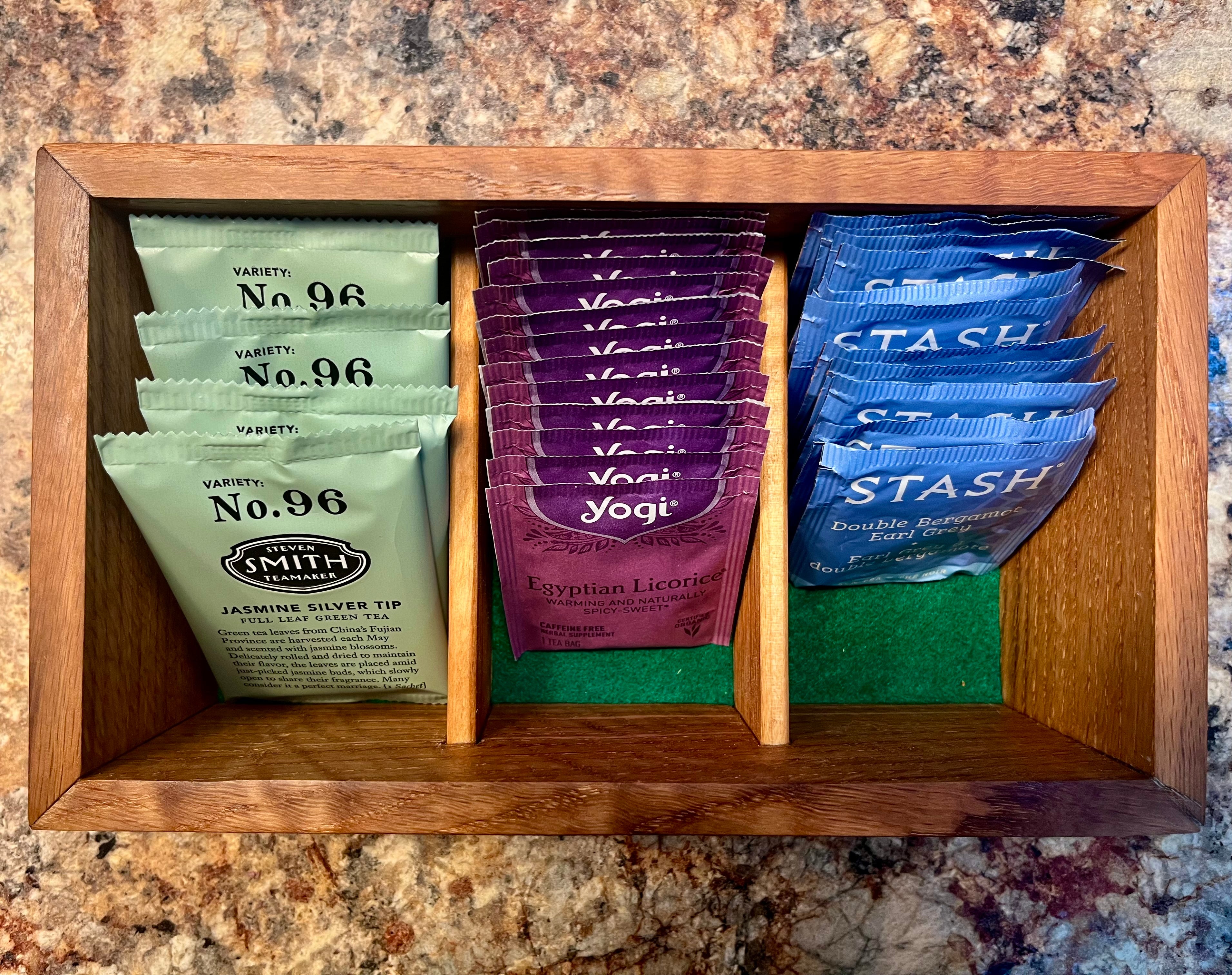 Handmade Oak & Pecan Tea Box with Engraved Lid and Brass Hemp Handle