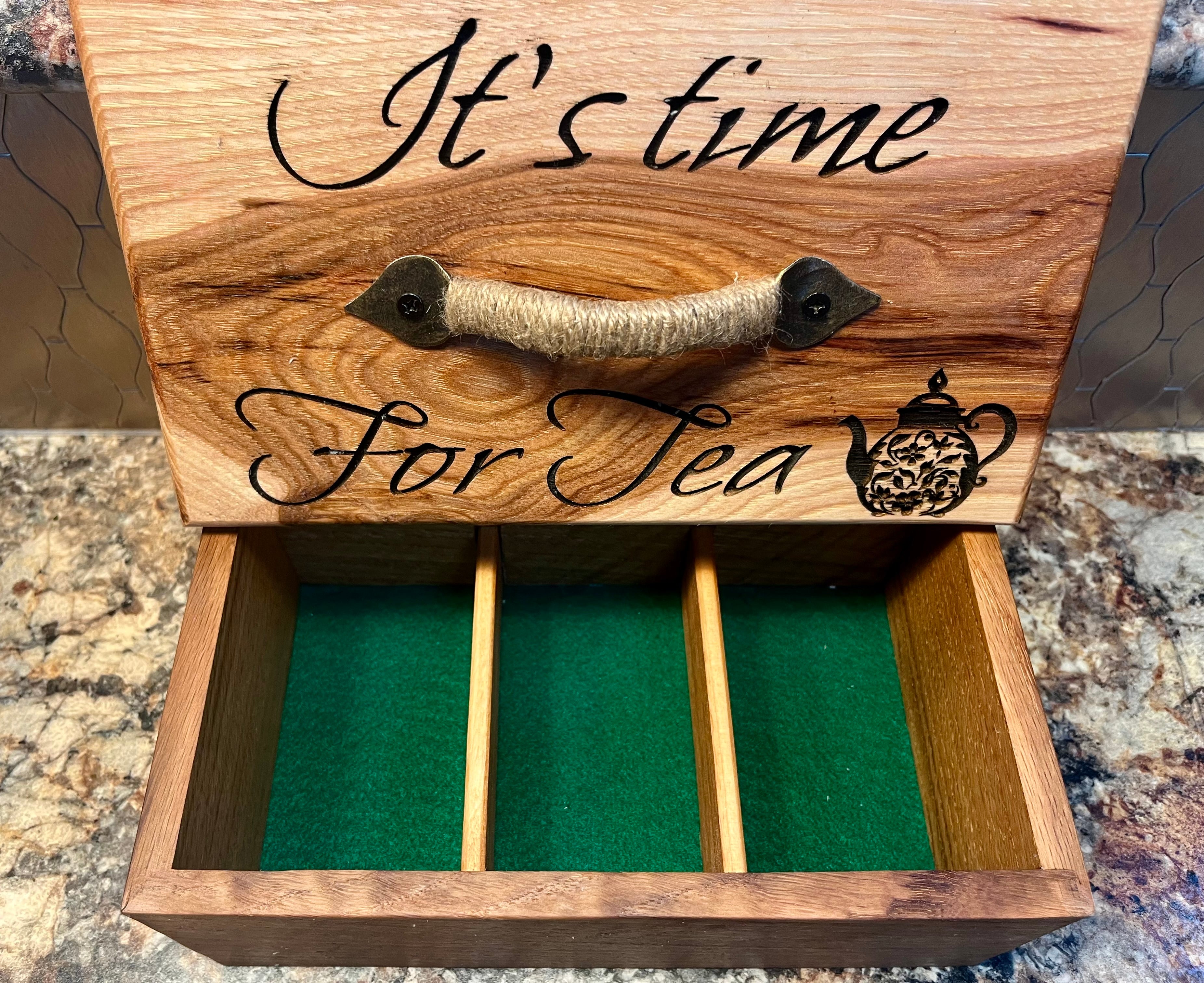 Handmade Oak & Pecan Tea Box with Engraved Lid and Brass Hemp Handle