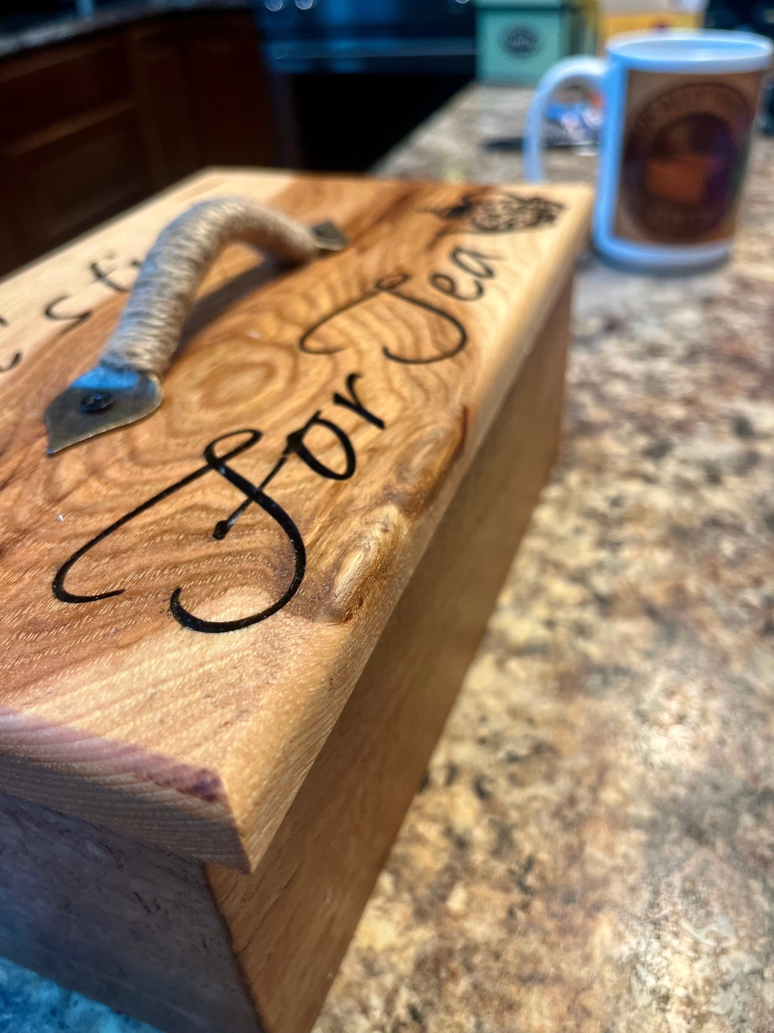 Handmade Oak & Pecan Tea Box with Engraved Lid and Brass Hemp Handle