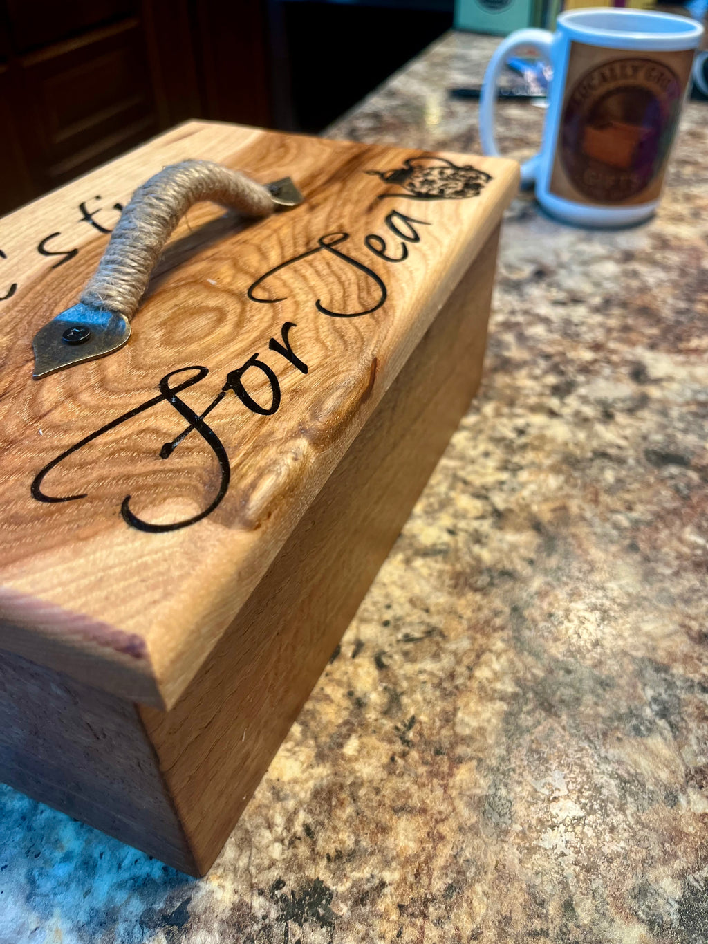 Handmade Oak & Pecan Tea Box with Engraved Lid and Brass Hemp Handle