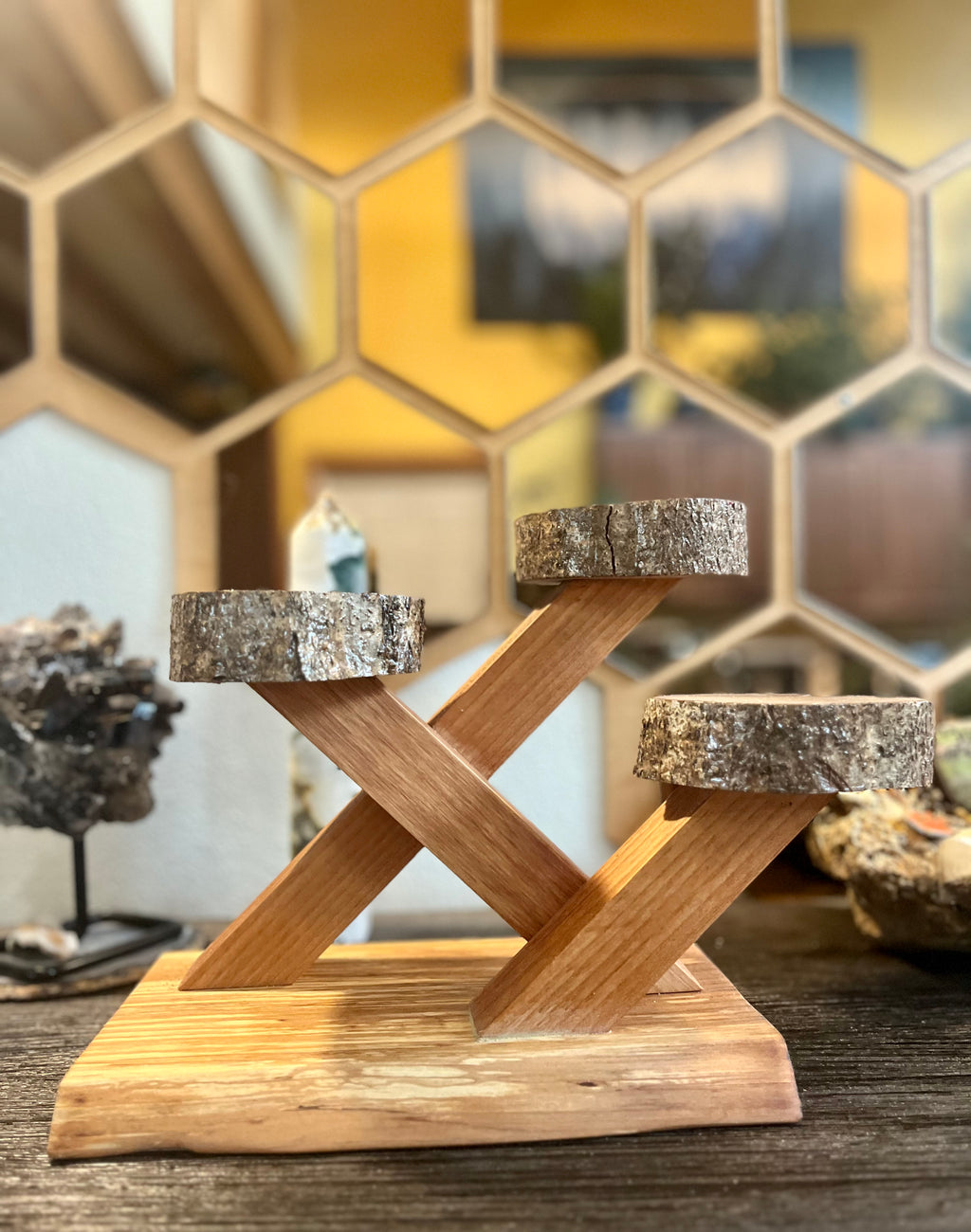 Sculptural Alder & Apple Wood Plant Stand with Live-Edge Base
