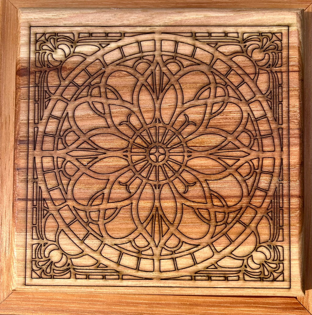 Solid Pecan Keepsake Box with Mandala Engraving & Wrap-Around Grain