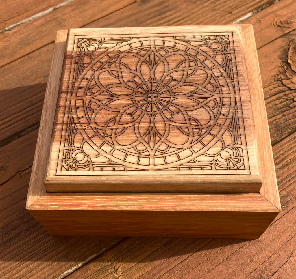 Solid Pecan Keepsake Box with Mandala Engraving & Wrap-Around Grain