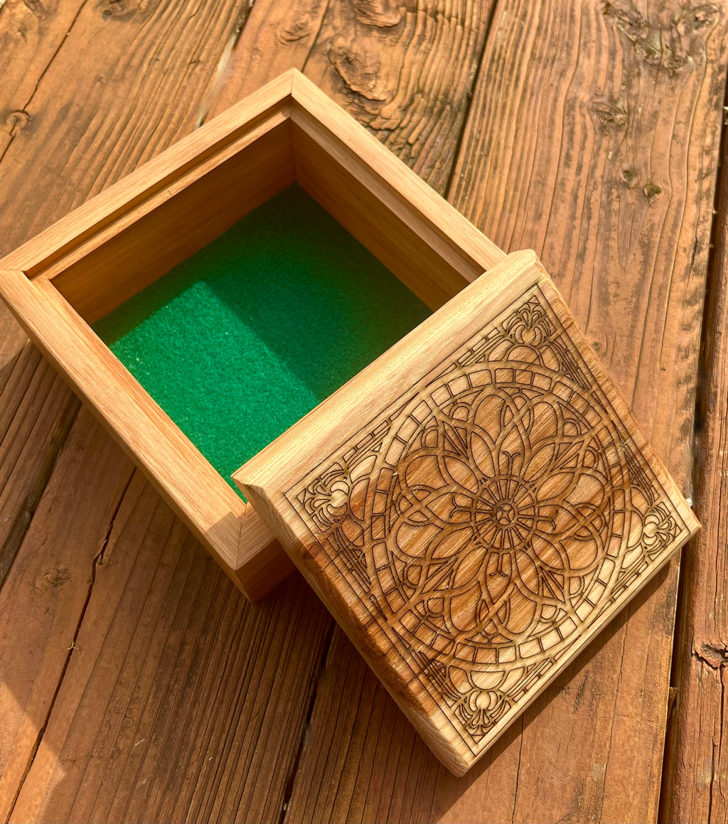 Solid Pecan Keepsake Box with Mandala Engraving & Wrap-Around Grain
