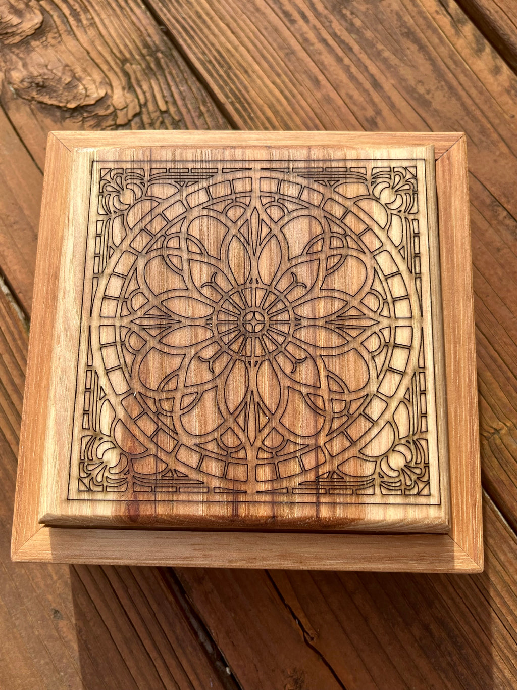 Solid Pecan Keepsake Box with Mandala Engraving & Wrap-Around Grain