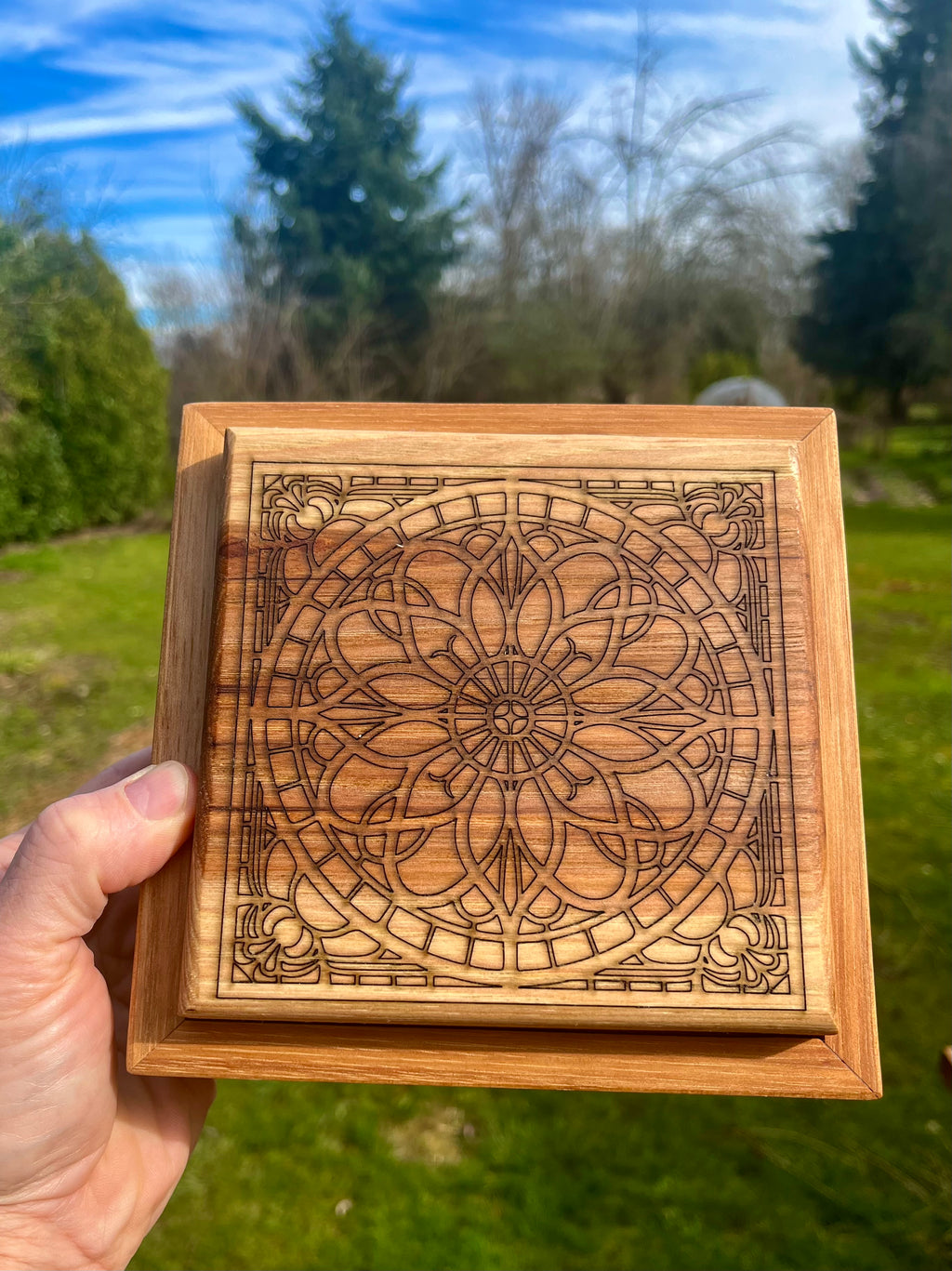 Solid Pecan Keepsake Box with Mandala Engraving & Wrap-Around Grain