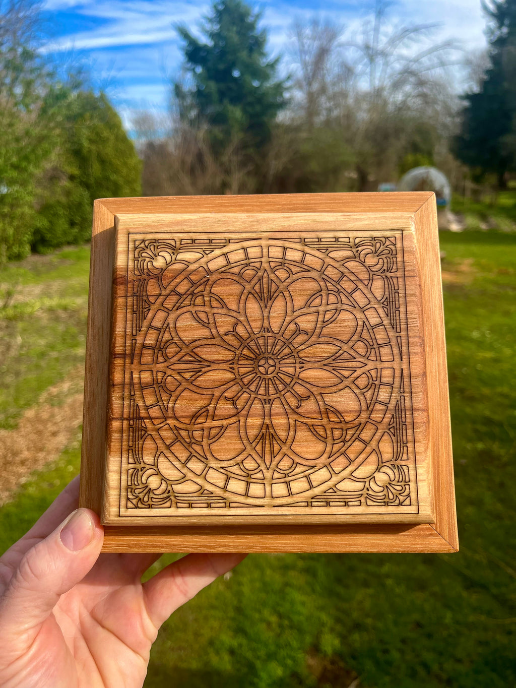 Solid Pecan Keepsake Box with Mandala Engraving & Wrap-Around Grain
