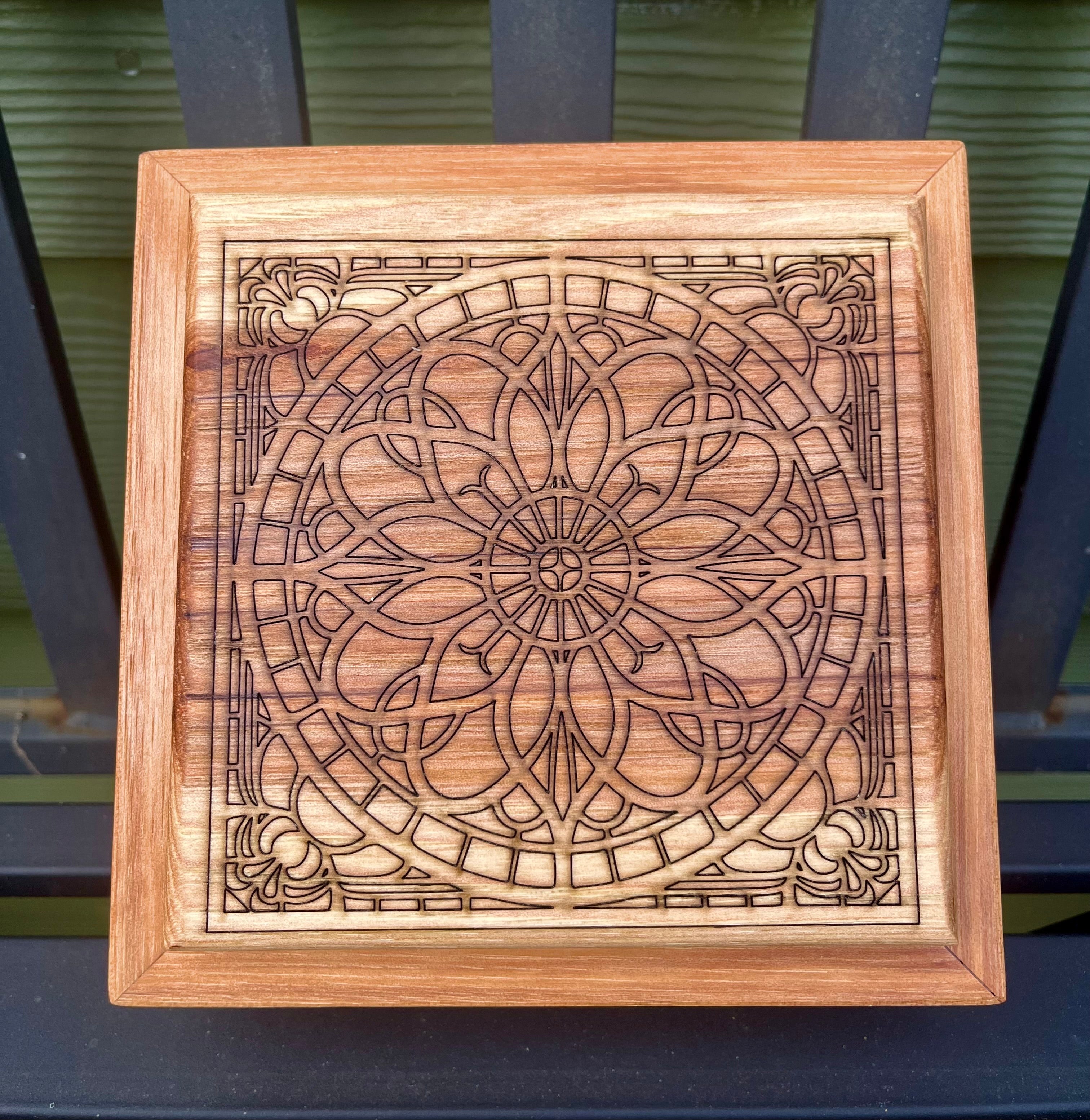 Solid Pecan Keepsake Box with Mandala Engraving & Wrap-Around Grain