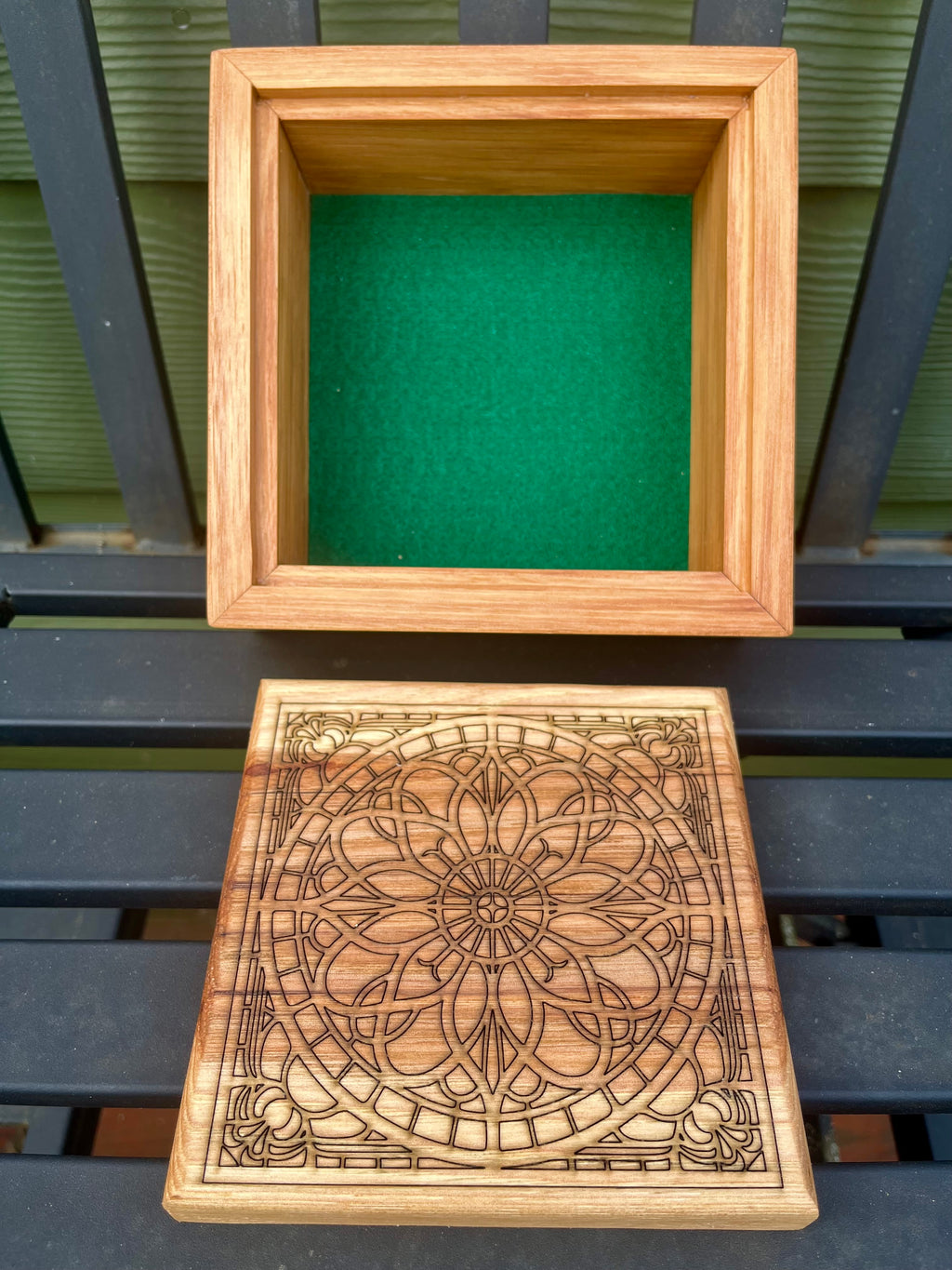 Solid Pecan Keepsake Box with Mandala Engraving & Wrap-Around Grain