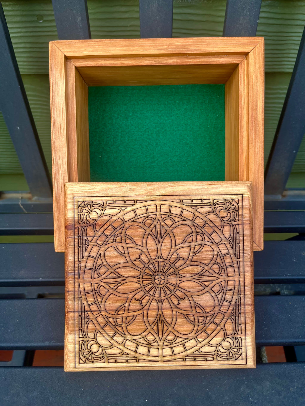 Solid Pecan Keepsake Box with Mandala Engraving & Wrap-Around Grain