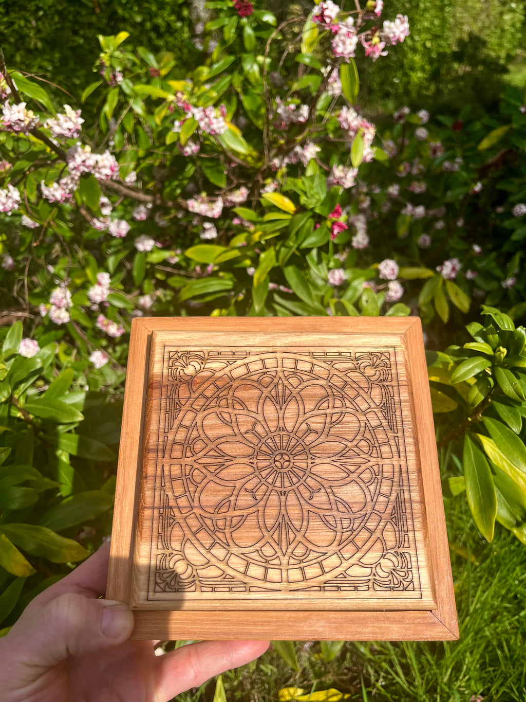 Solid Pecan Keepsake Box with Mandala Engraving & Wrap-Around Grain