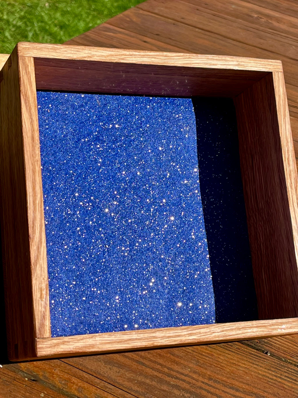 Handcrafted Solid Oak Keepsake Box – Dovetail Joinery, Engraved Mandala Lid, Blue Sparkle Lining