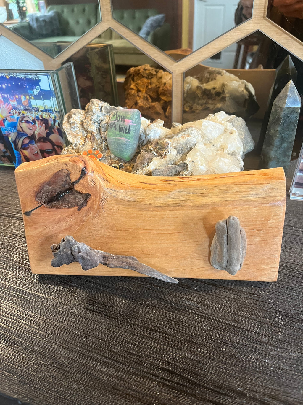 Abstract Live Edge Plum Wood Wall Rack with Driftwood Hooks