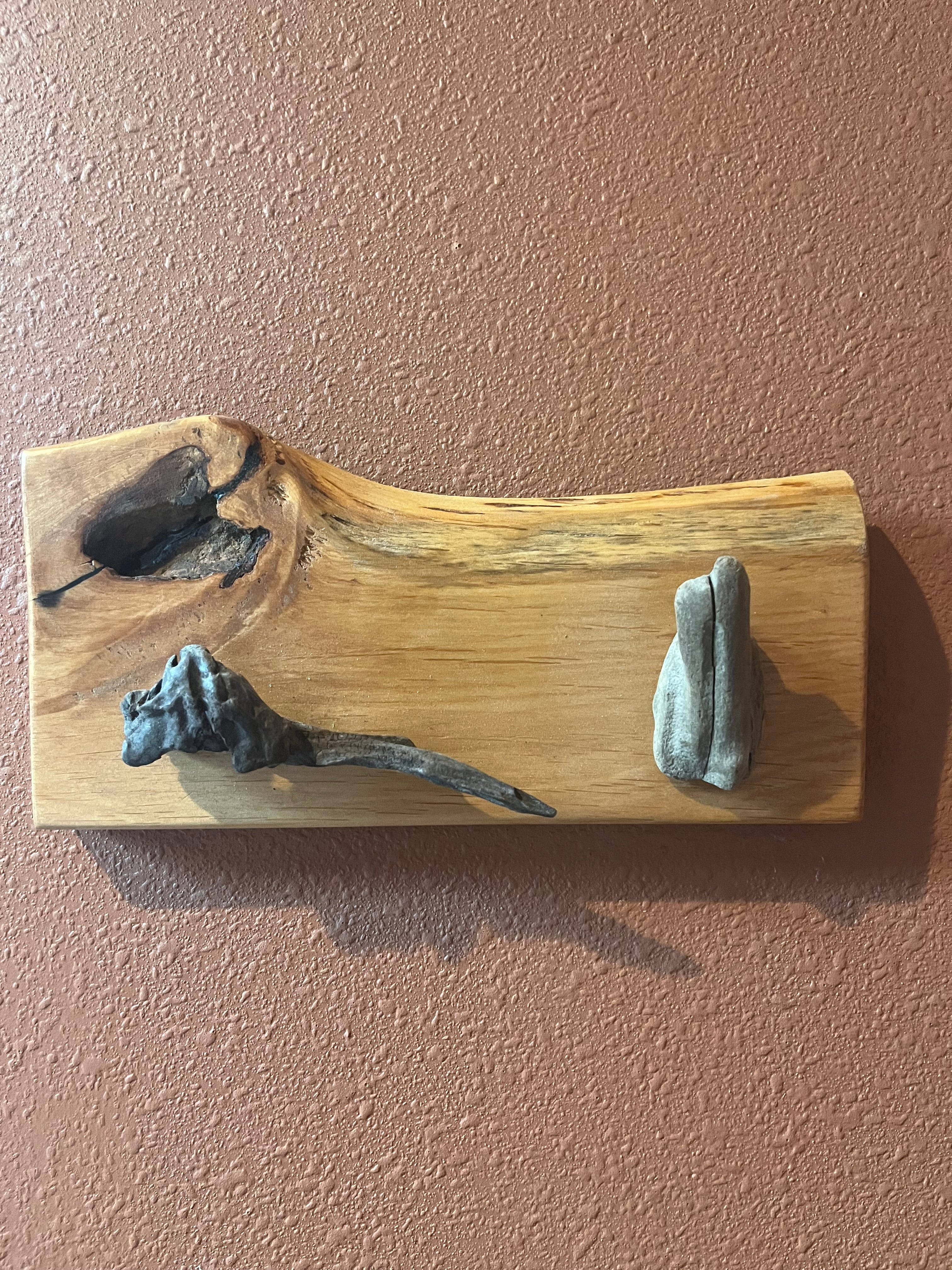 Abstract Live Edge Plum Wood Wall Rack with Driftwood Hooks