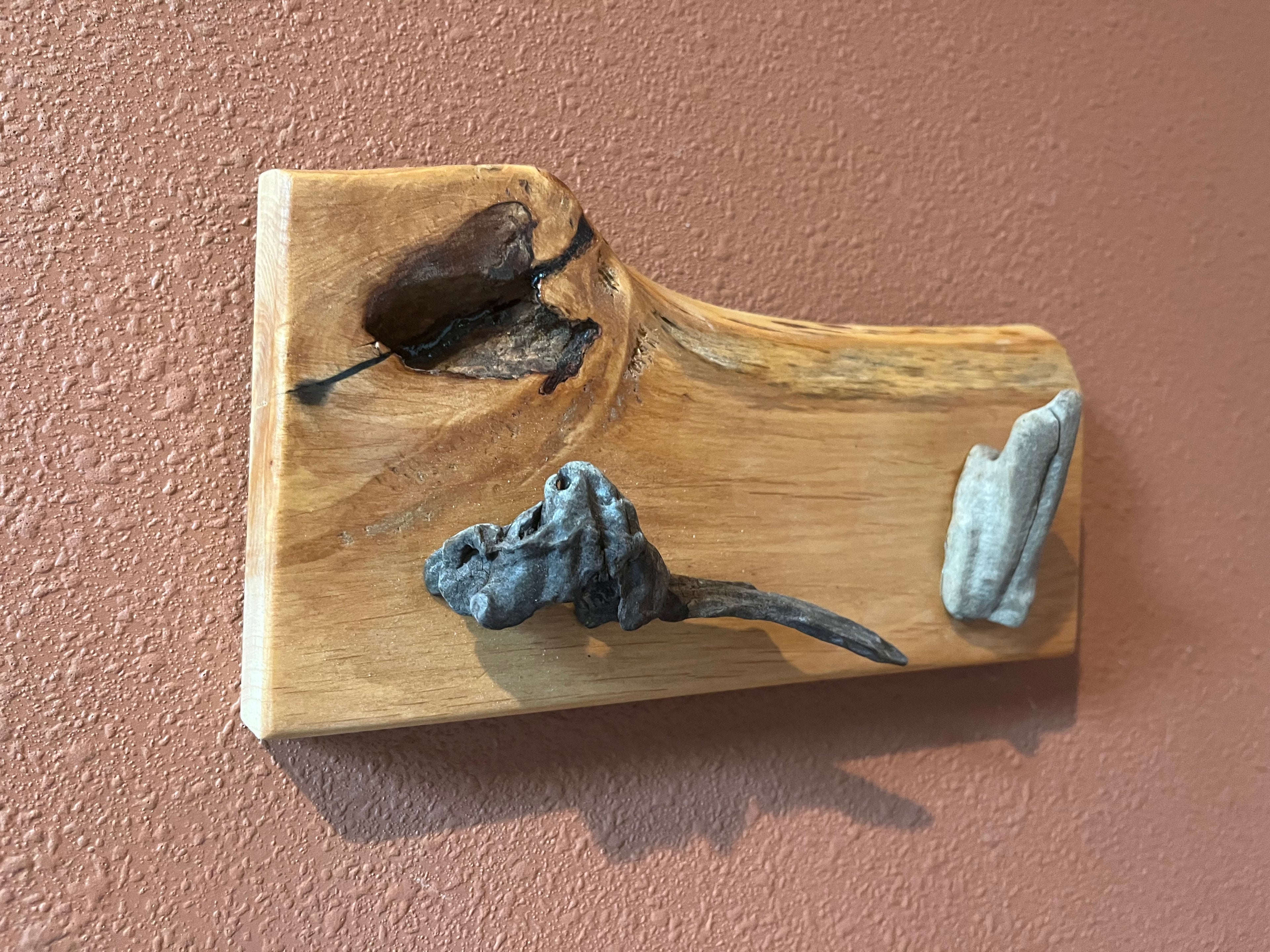 Abstract Live Edge Plum Wood Wall Rack with Driftwood Hooks
