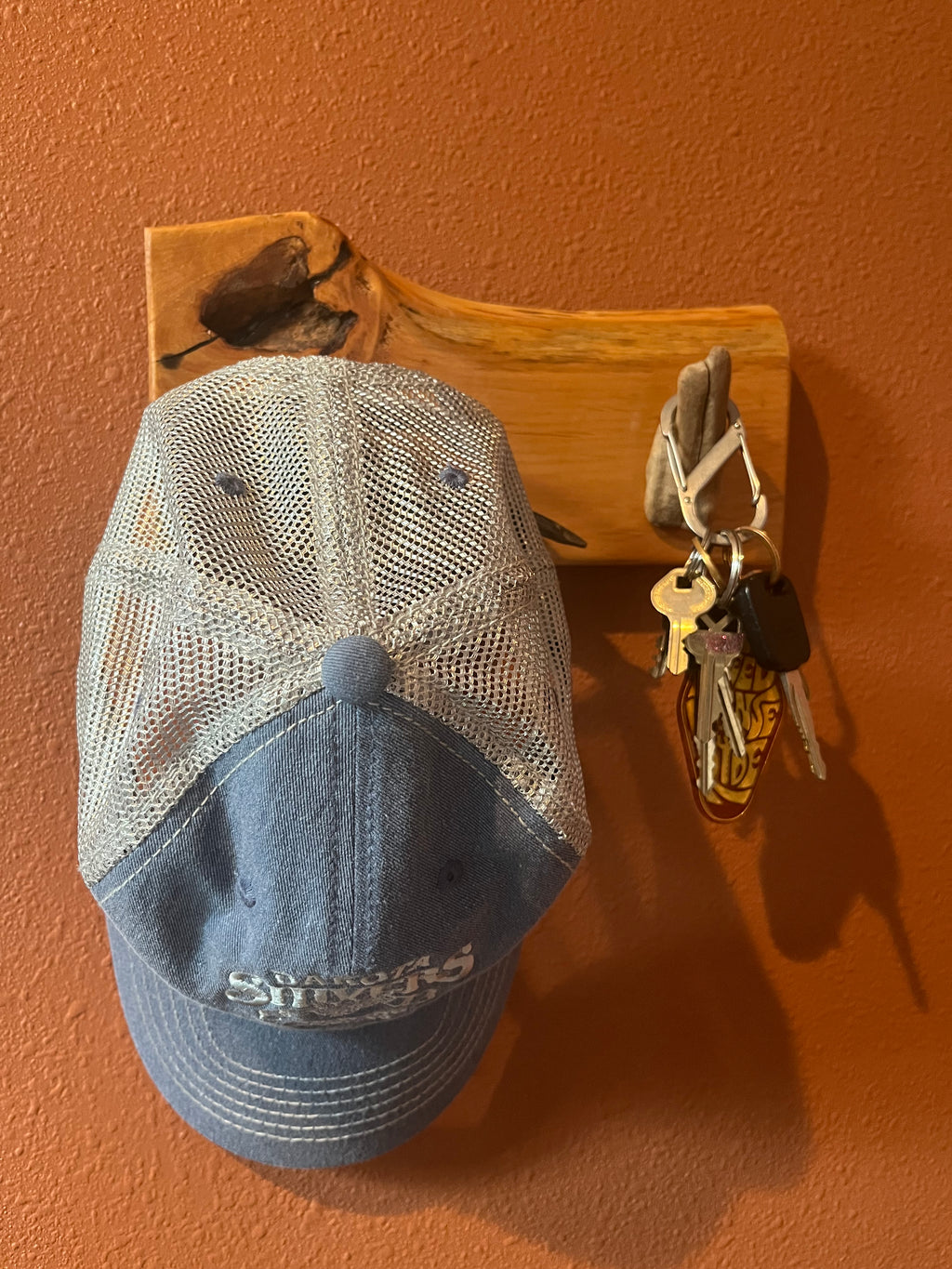 Abstract Live Edge Plum Wood Wall Rack with Driftwood Hooks