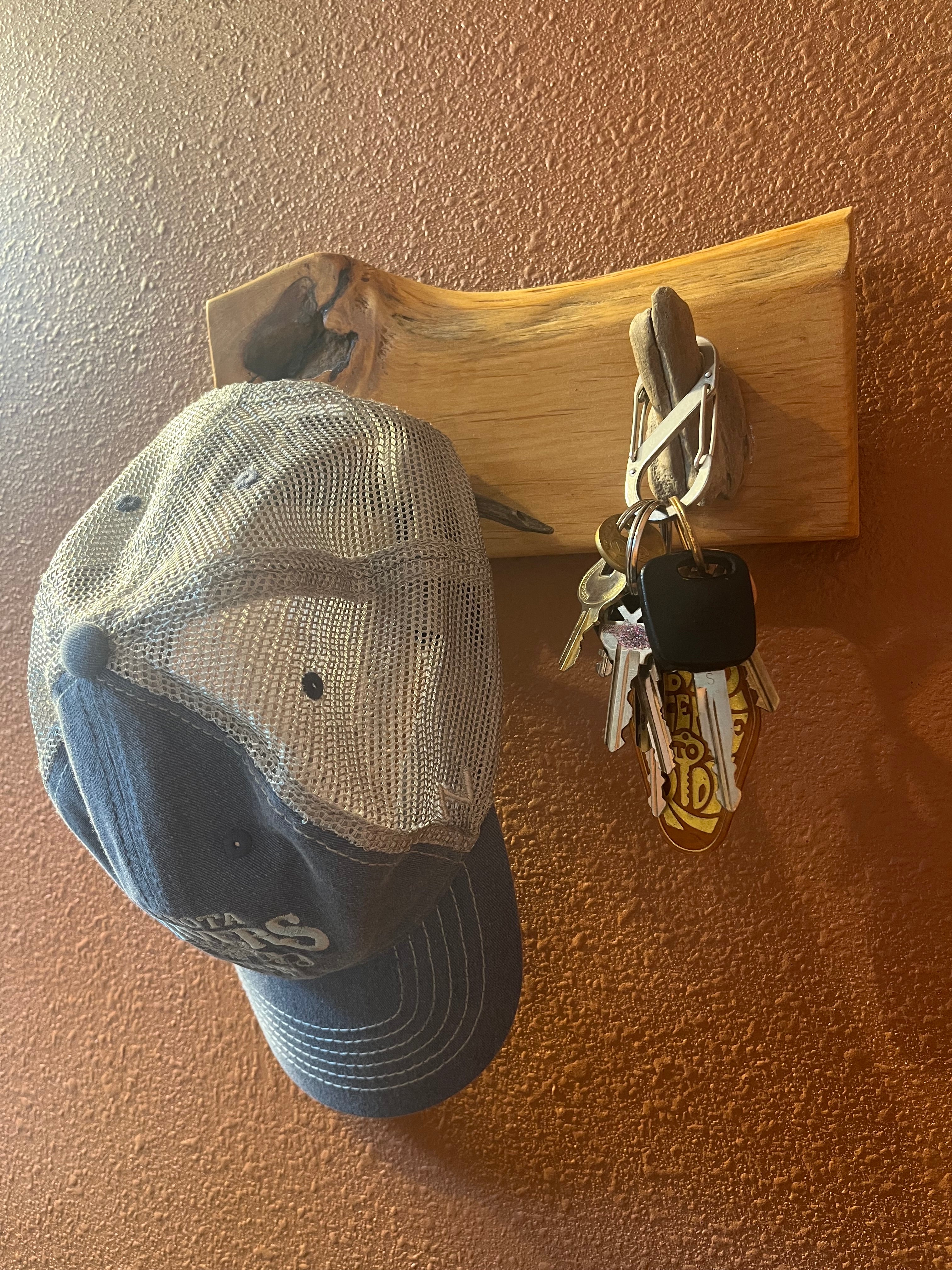 Abstract Live Edge Plum Wood Wall Rack with Driftwood Hooks