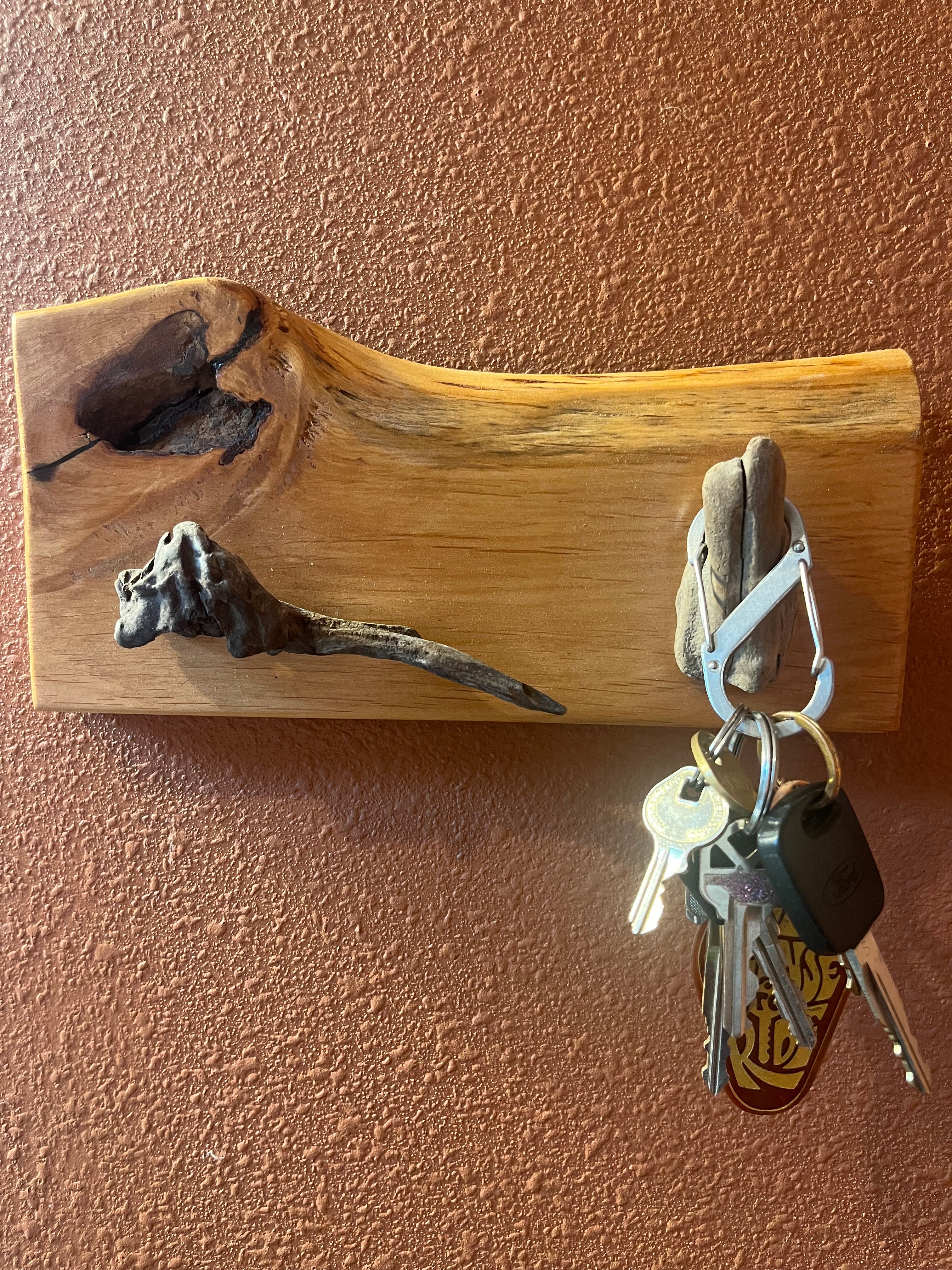 Abstract Live Edge Plum Wood Wall Rack with Driftwood Hooks