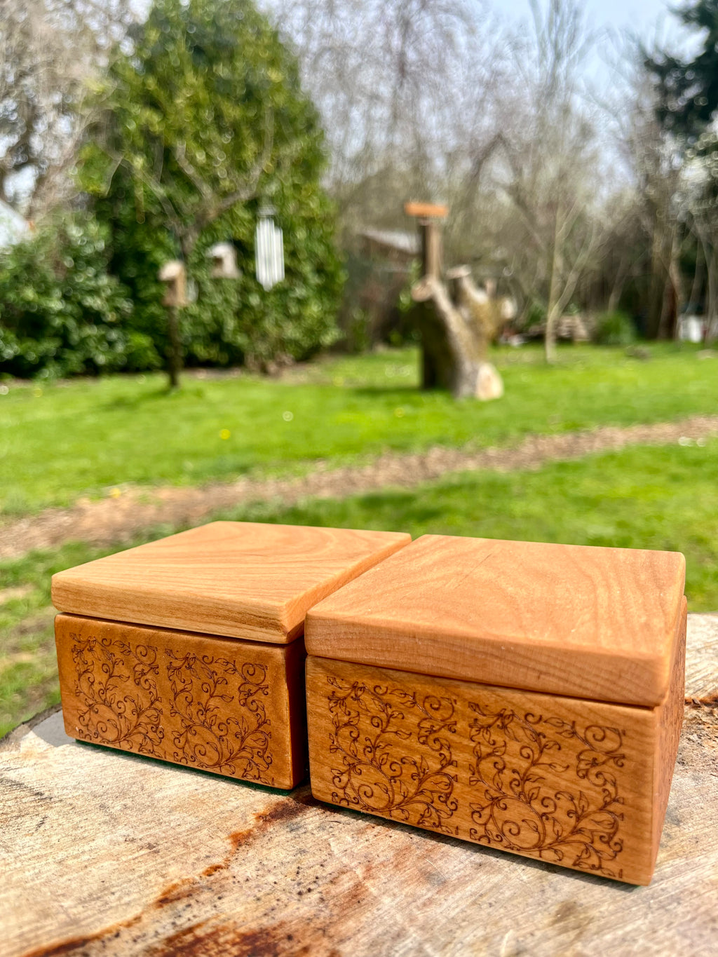 Custom Cherry Wood Ring Box Set – Engraved Floral Wedding Ring Boxes, Handmade Keepsake Box, Rustic Ring Holder, Engagement & Proposal Box