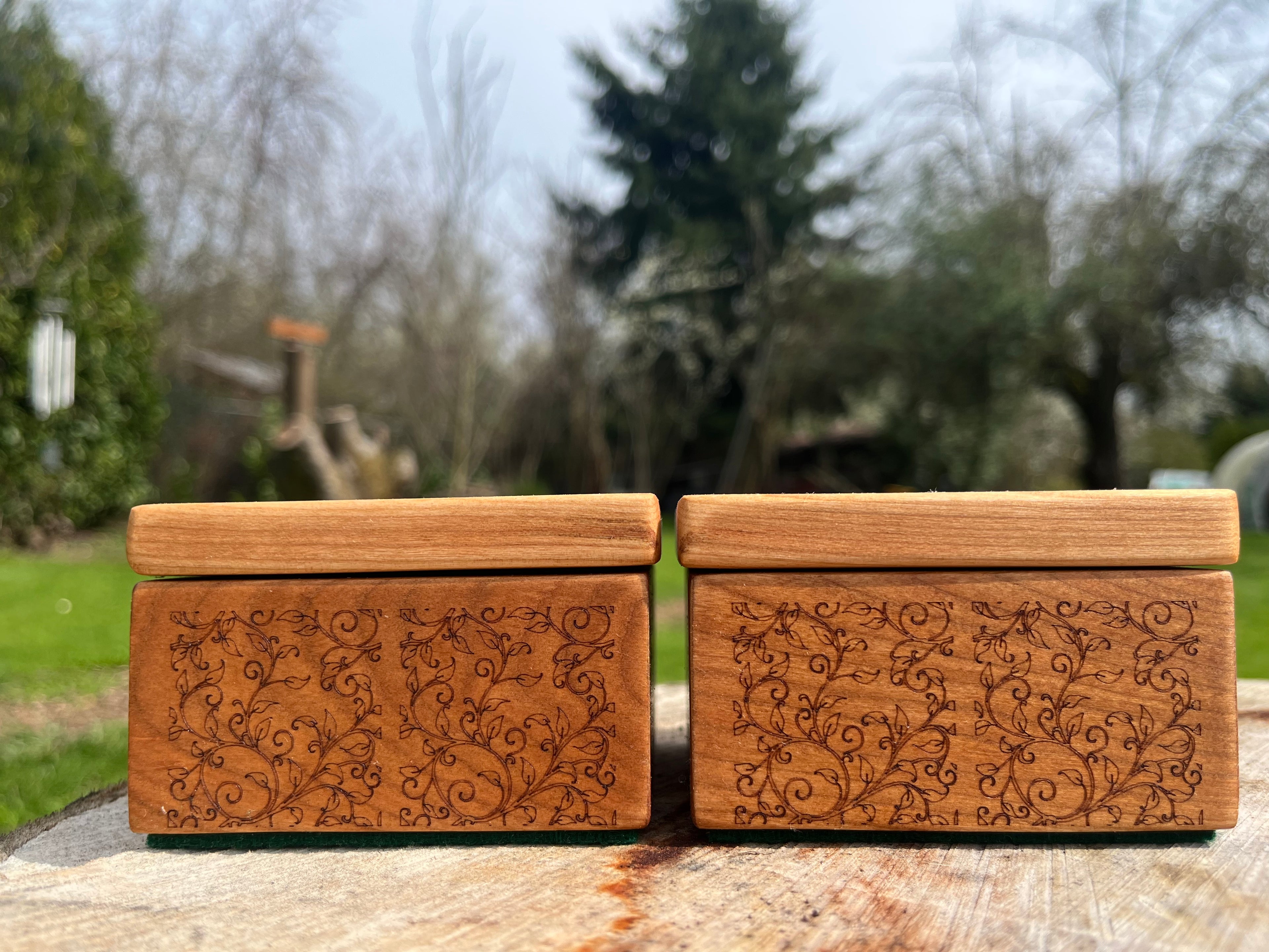 Custom Cherry Wood Ring Box Set – Engraved Floral Wedding Ring Boxes, Handmade Keepsake Box, Rustic Ring Holder, Engagement & Proposal Box