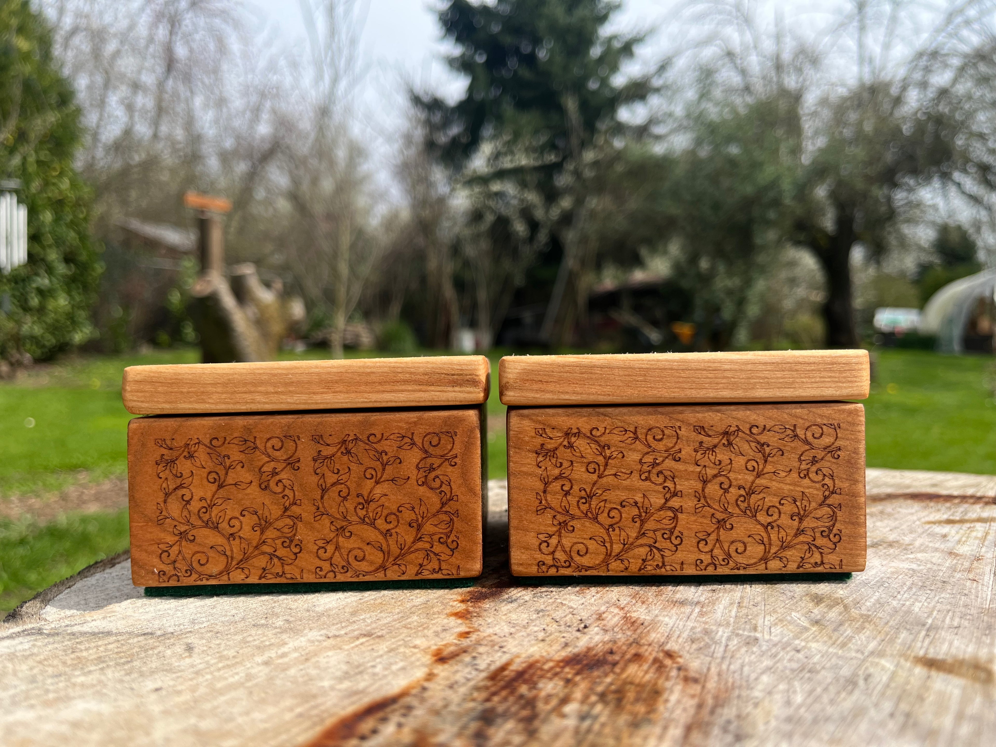 Custom Cherry Wood Ring Box Set – Engraved Floral Wedding Ring Boxes, Handmade Keepsake Box, Rustic Ring Holder, Engagement & Proposal Box