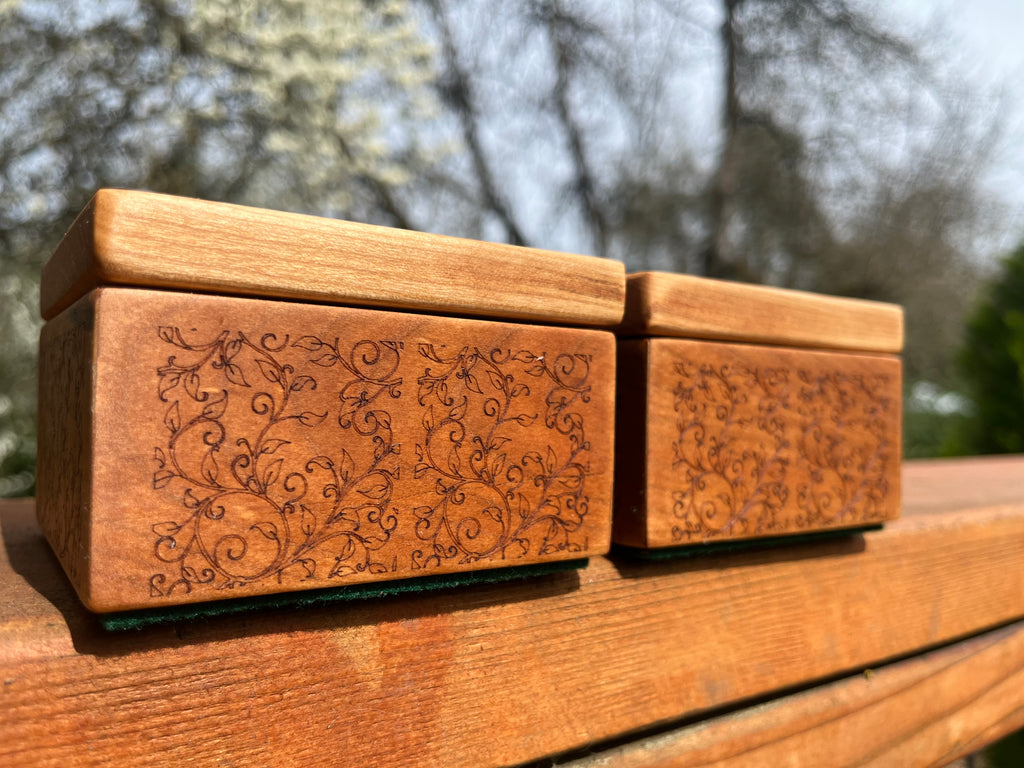Custom Cherry Wood Ring Box Set – Engraved Floral Wedding Ring Boxes, Handmade Keepsake Box, Rustic Ring Holder, Engagement & Proposal Box