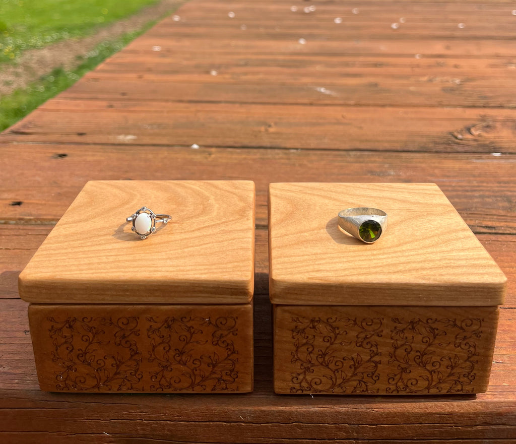 Custom Cherry Wood Ring Box Set – Engraved Floral Wedding Ring Boxes, Handmade Keepsake Box, Rustic Ring Holder, Engagement & Proposal Box