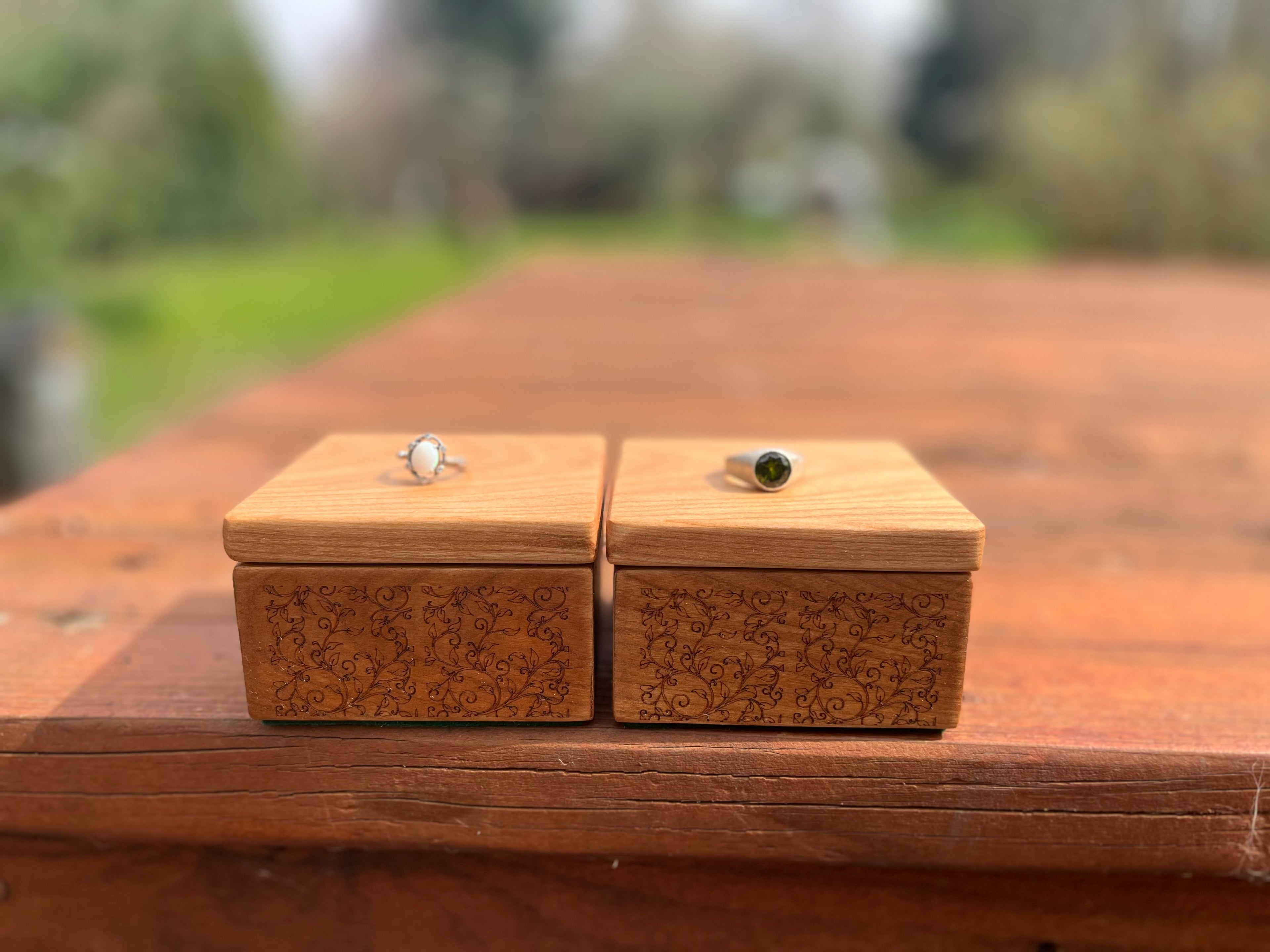 Custom Cherry Wood Ring Box Set – Engraved Floral Wedding Ring Boxes, Handmade Keepsake Box, Rustic Ring Holder, Engagement & Proposal Box