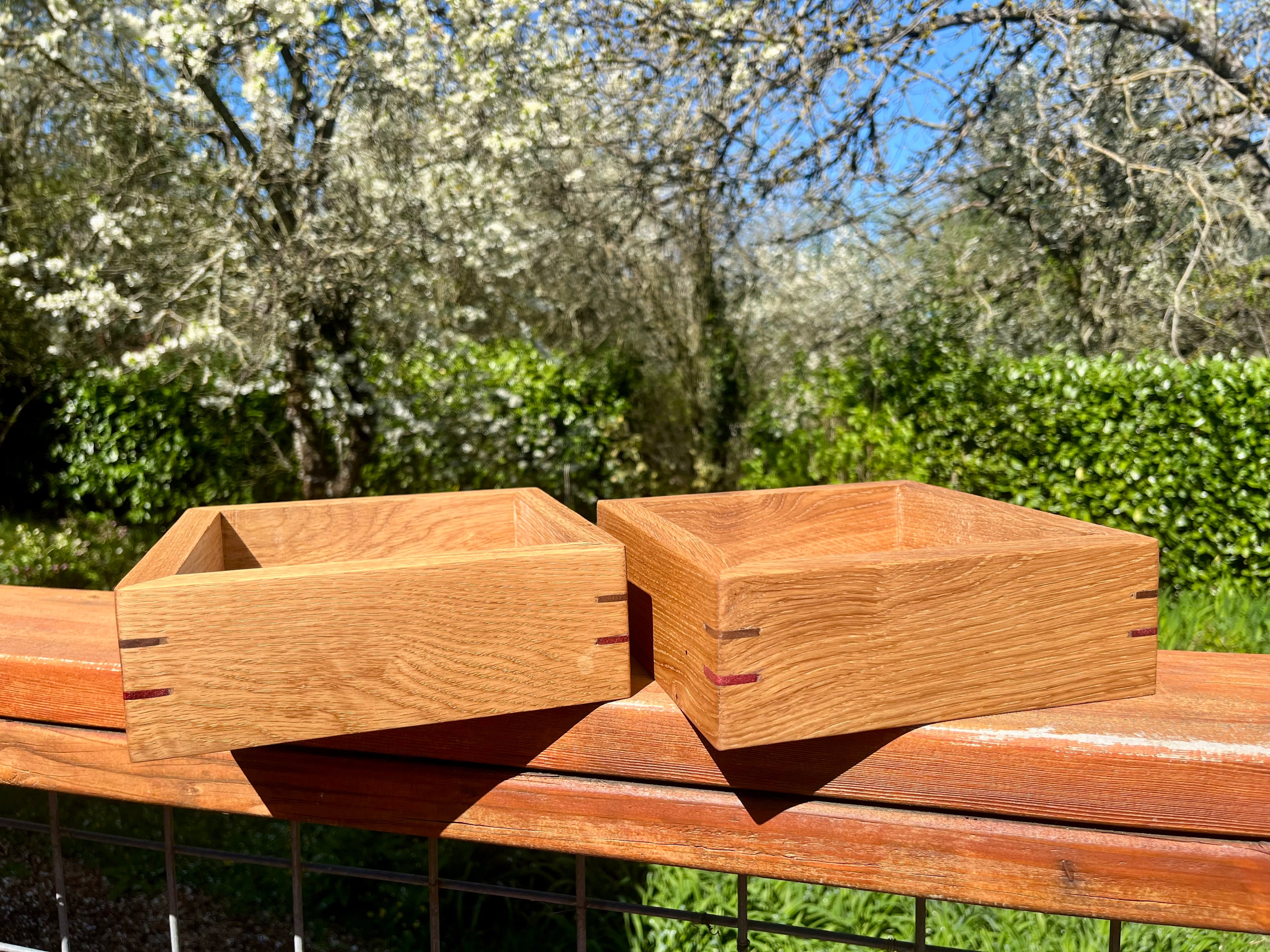 Rustic Oak Jewelry Storage Boxes – Set of 2 with Walnut & Purpleheart Detail