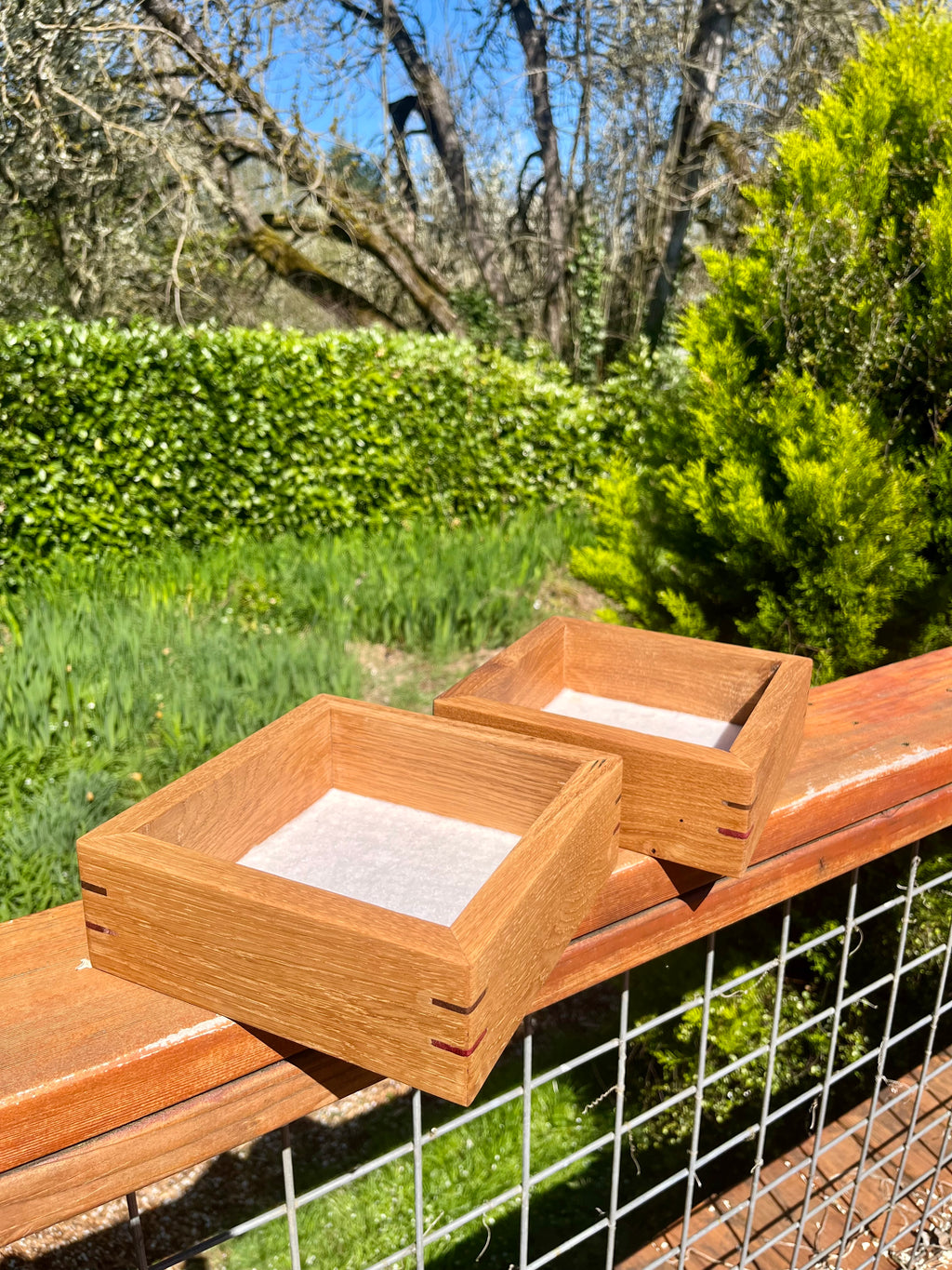 Rustic Oak Jewelry Storage Boxes – Set of 2 with Walnut & Purpleheart Detail