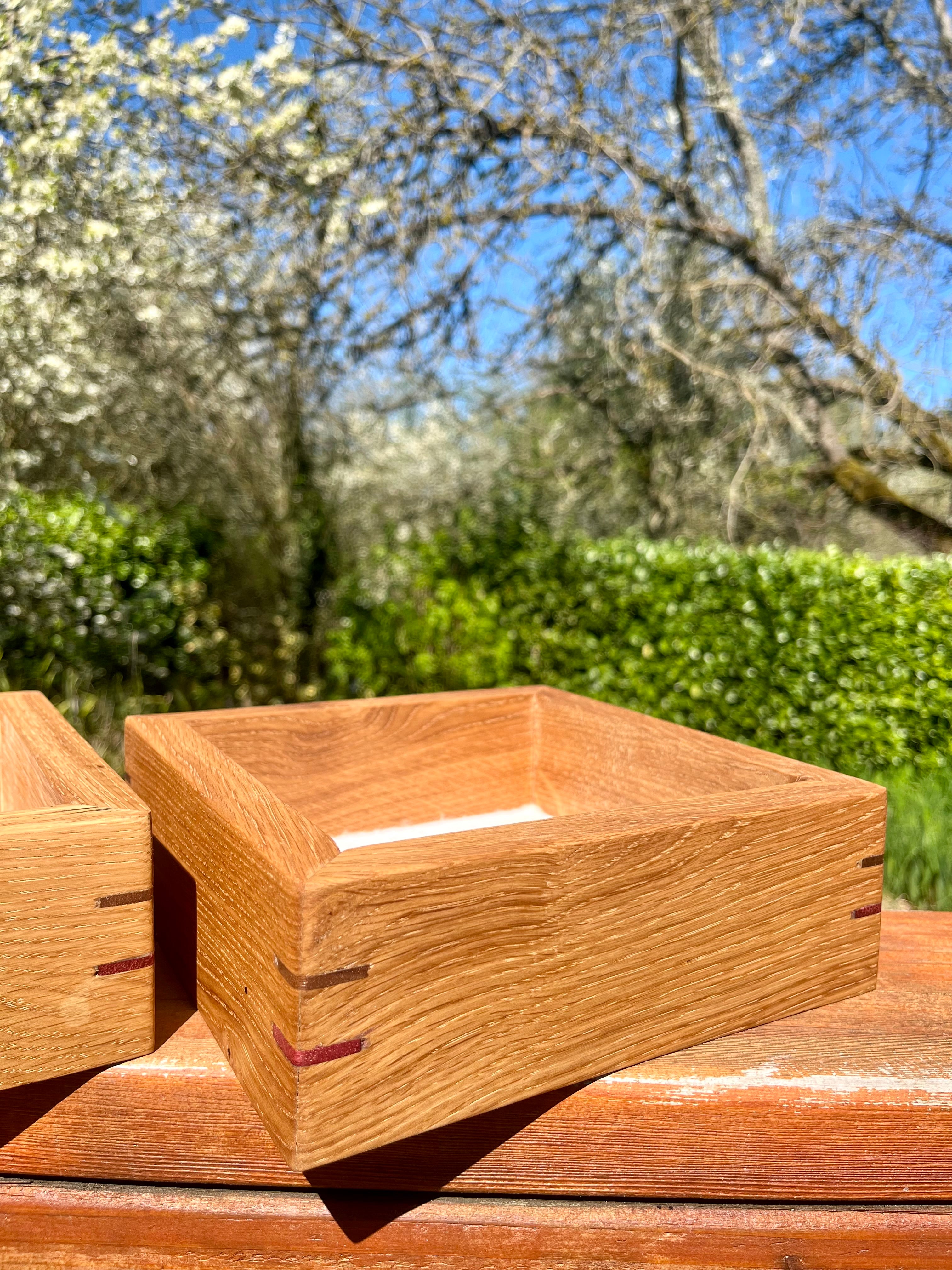 Rustic Oak Jewelry Storage Boxes – Set of 2 with Walnut & Purpleheart Detail
